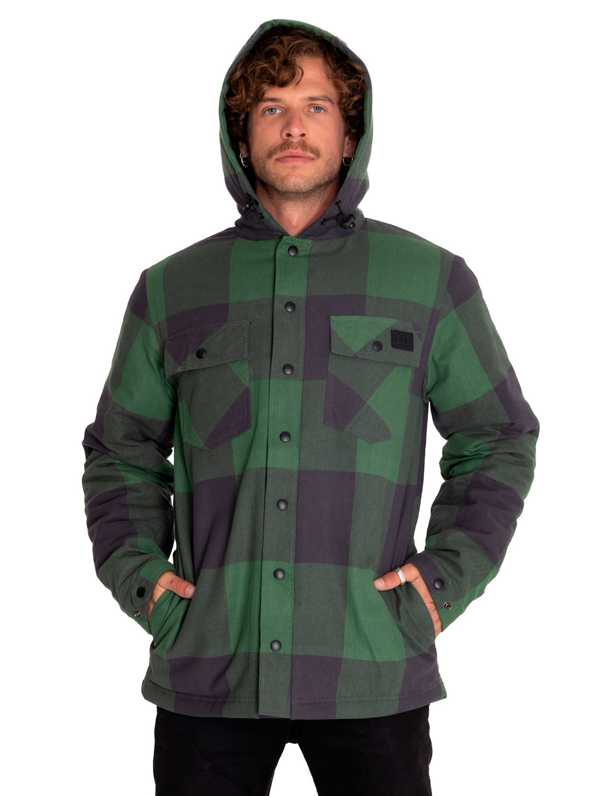 Chaqueta Casual Hombre Flannel Snap Front Lightweight Insulated Hooded Jacket Verde Cat