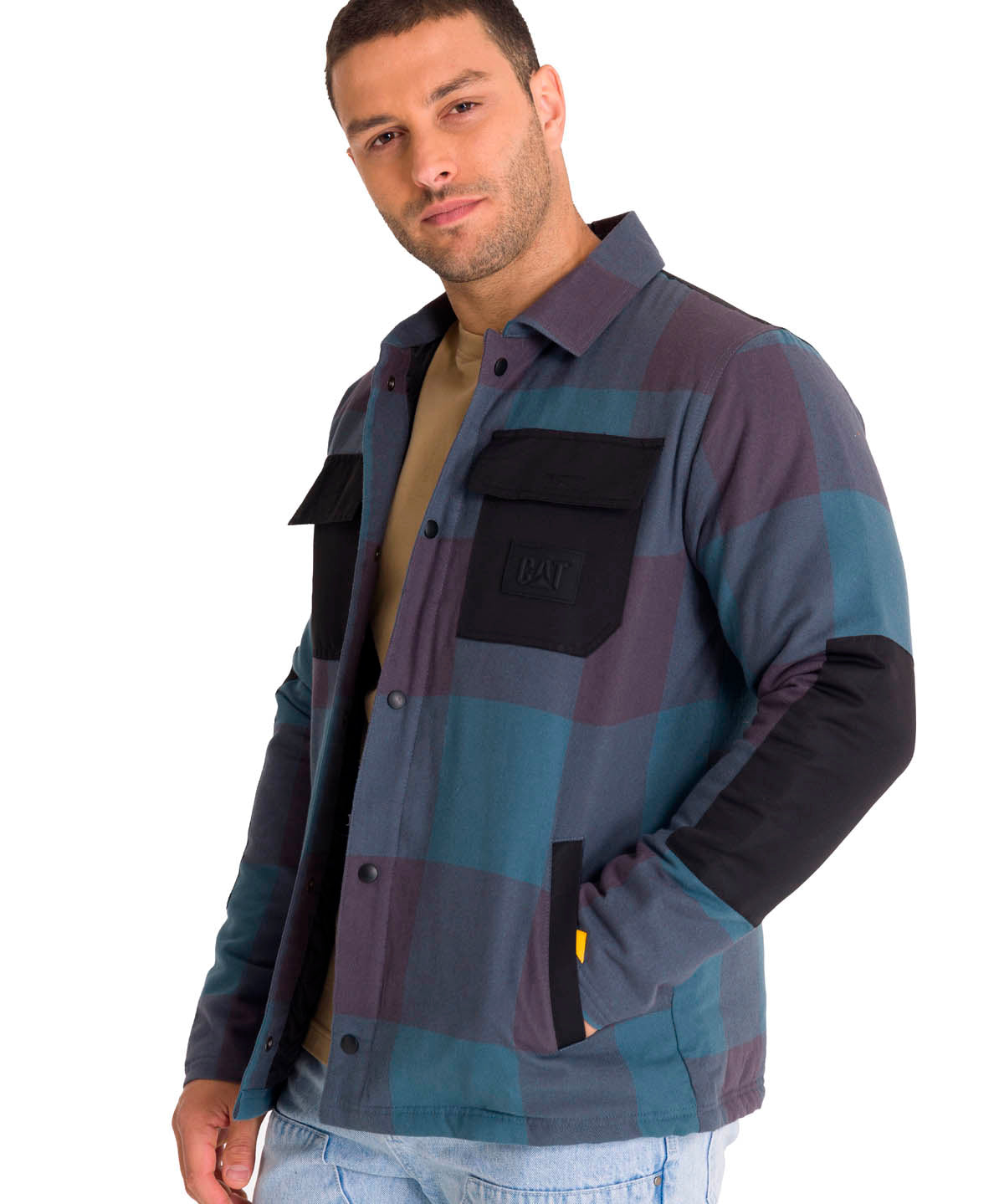 Chaqueta Manga Larga Hombre Flannel Snap Front Lightweight Insulated Petróleo Cat