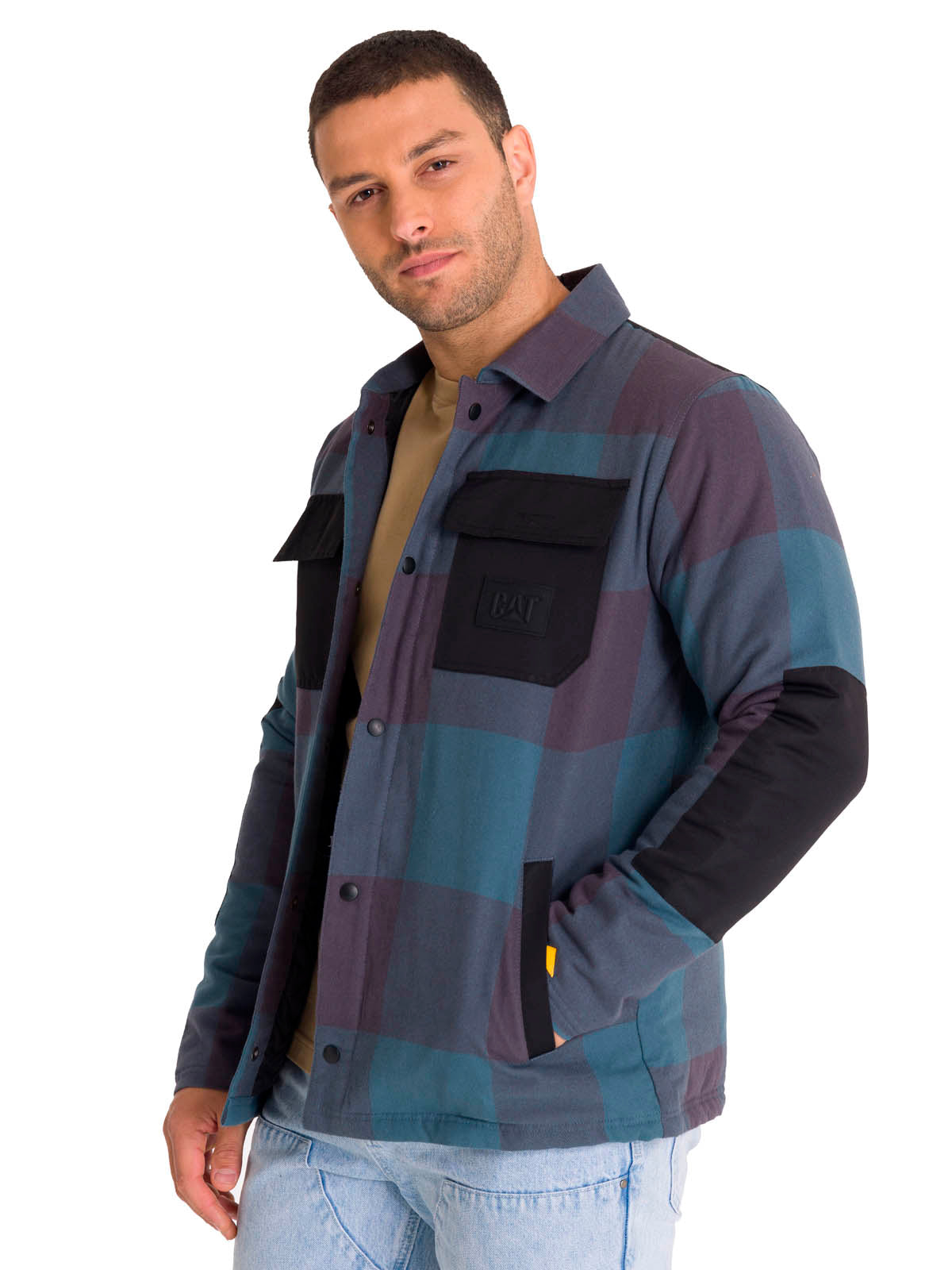 Chaqueta Manga Larga Hombre Flannel Snap Front Lightweight Insulated Petróleo Cat