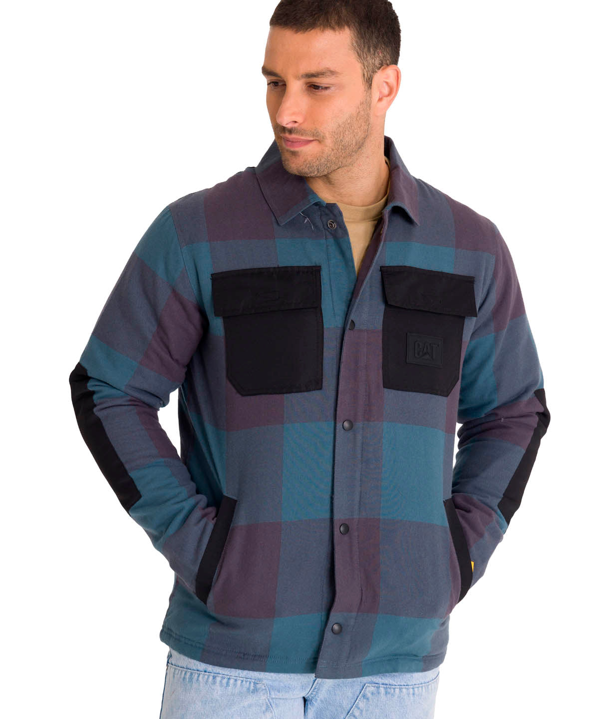 Chaqueta Manga Larga Hombre Flannel Snap Front Lightweight Insulated Petróleo Cat
