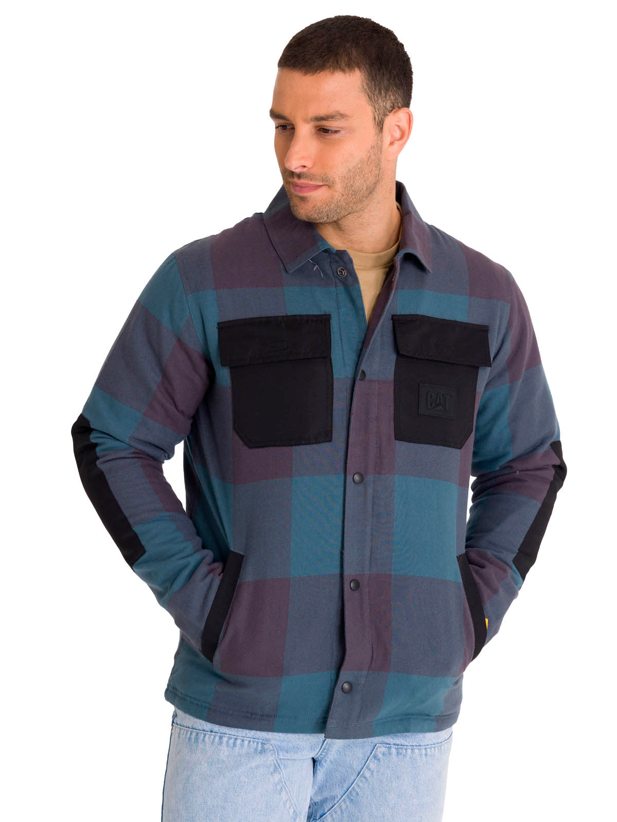 Chaqueta Manga Larga Hombre Flannel Snap Front Lightweight Insulated Petróleo Cat