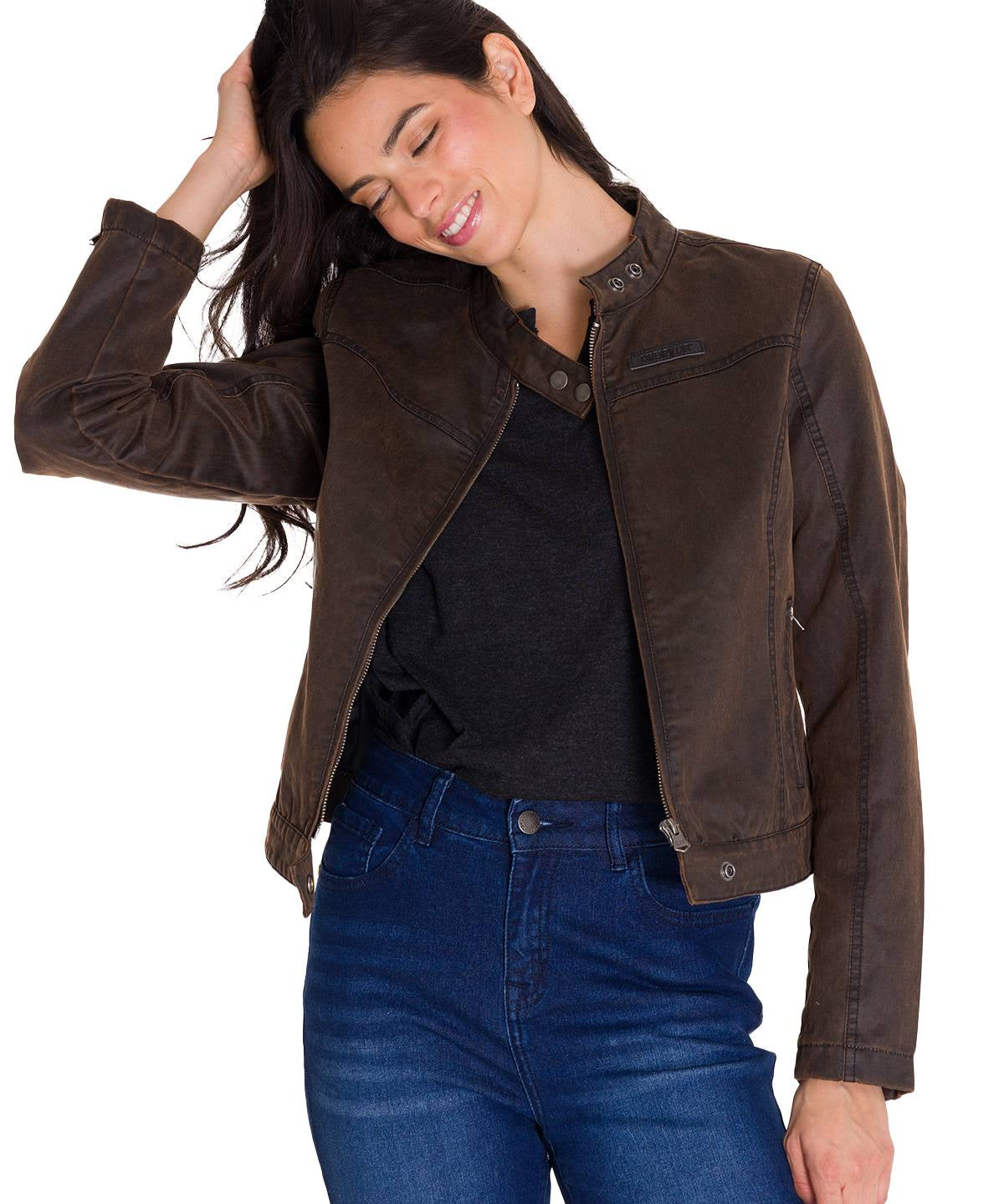 Chaqueta Manga Larga Casual Mujer WAXED MOTO Café Oscura Cat