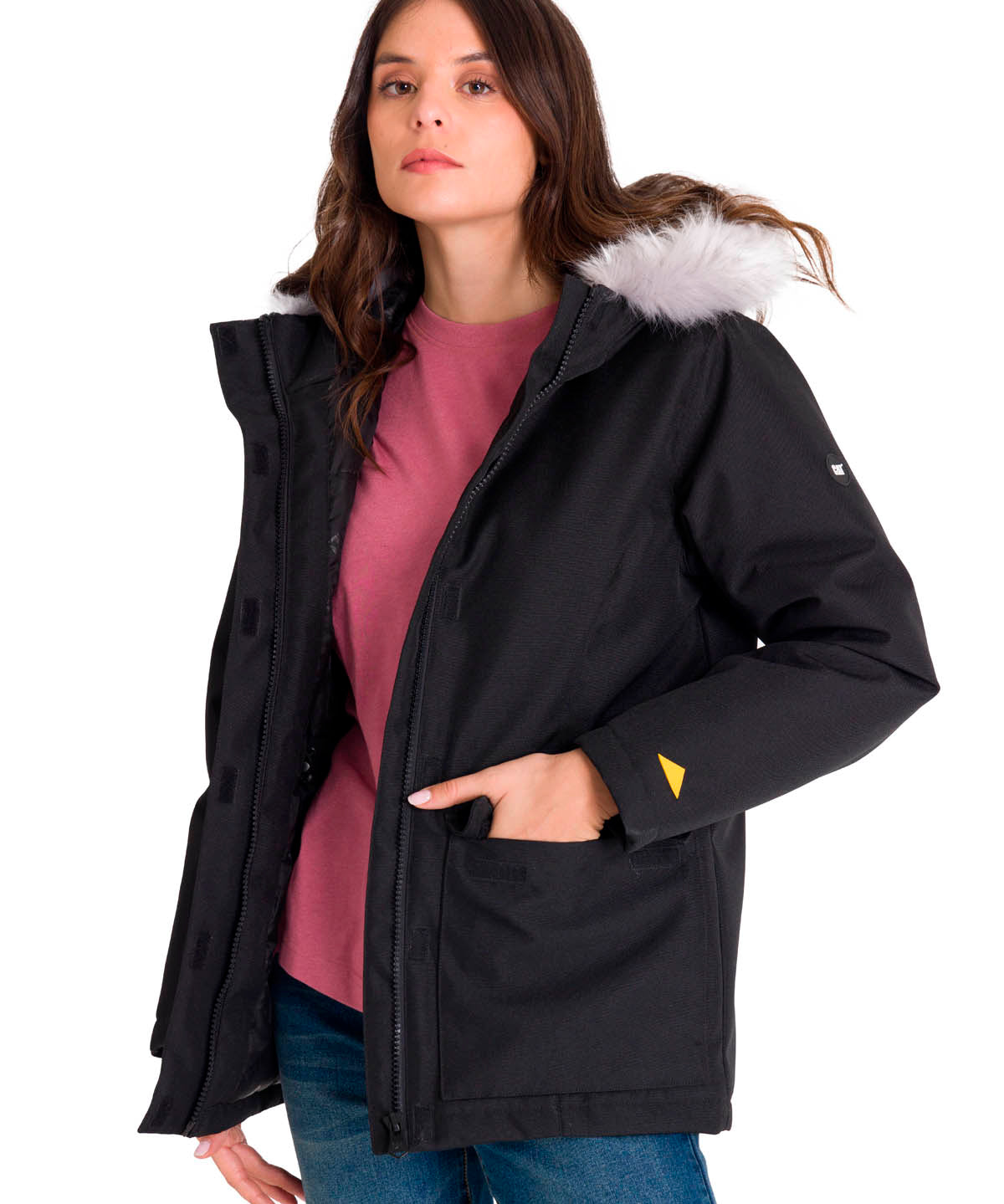 Chaqueta Manga Larga Casual Mujer MEDIUMWEIGHT INSULATED FAUX FUR HOODED Negra Cat