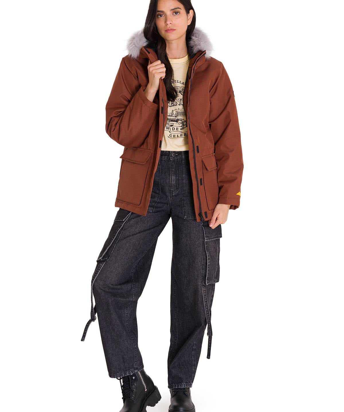 Chaqueta Manga Larga Casual Mujer MEDIUMWEIGHT INSULATED FAUX FUR HOODED Terracota Cat