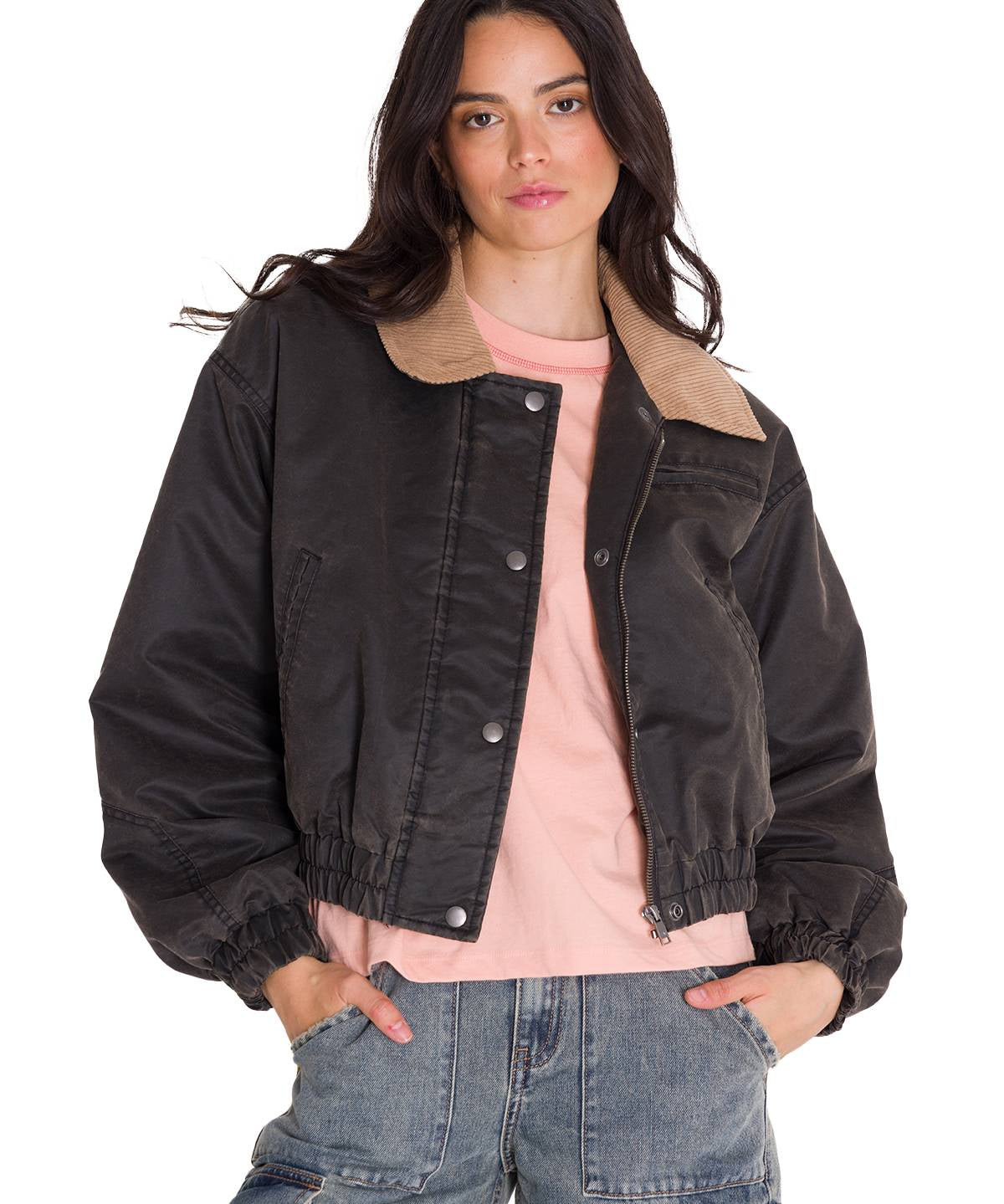 Chaqueta Manga Larga Mujer WAXED TWILL CROPPED BOMBER JACKET Gris Oscura Cat