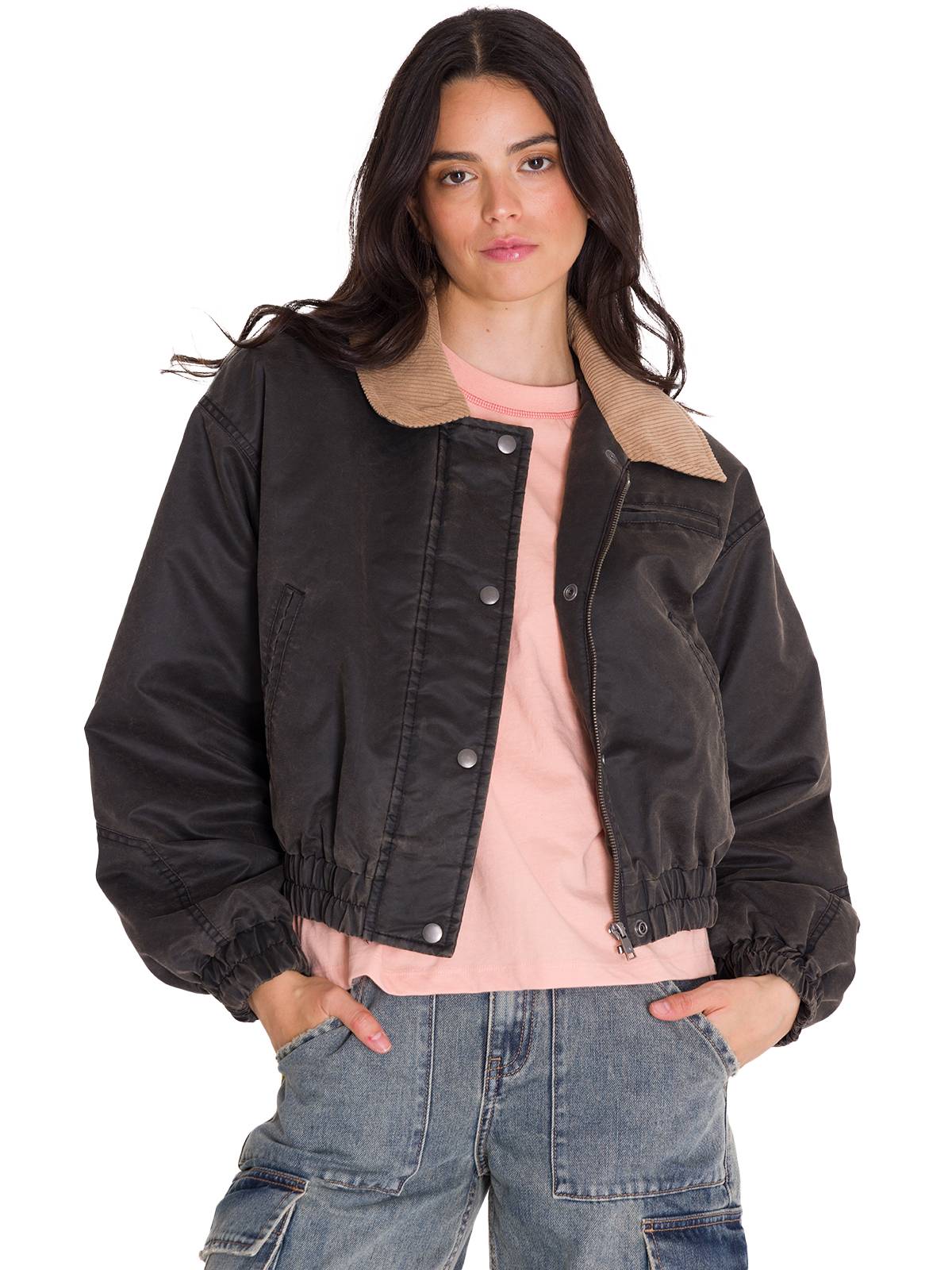 Chaqueta Manga Larga Mujer WAXED TWILL CROPPED BOMBER JACKET Gris Oscura Cat