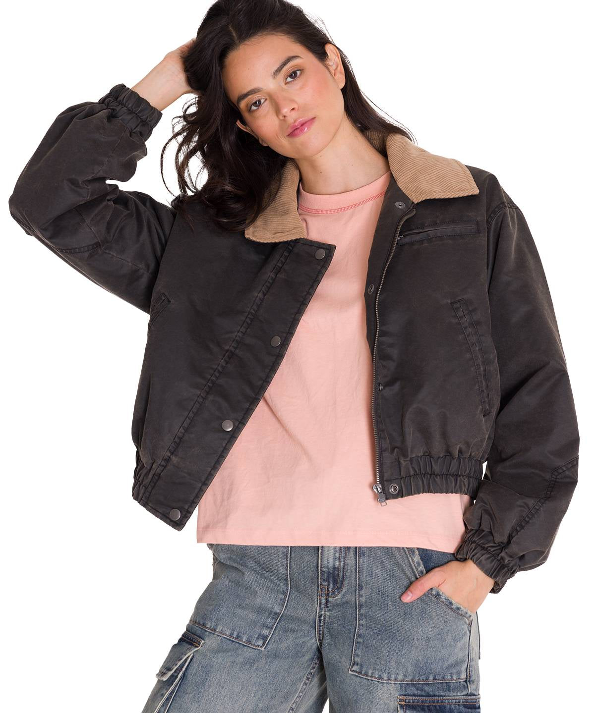 Chaqueta Manga Larga Mujer WAXED TWILL CROPPED BOMBER JACKET Gris Oscura Cat