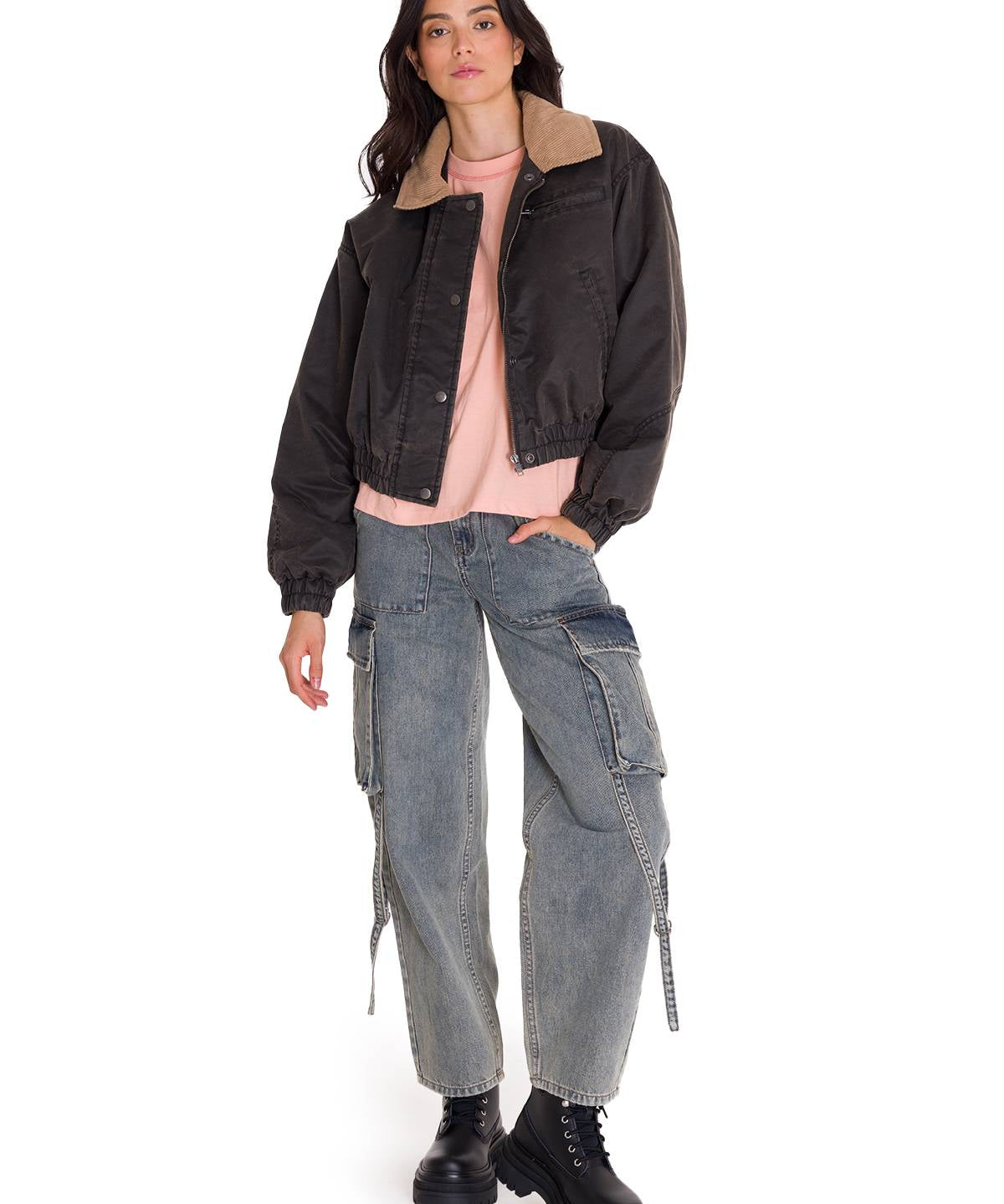 Chaqueta Manga Larga Mujer WAXED TWILL CROPPED BOMBER JACKET Gris Oscura Cat