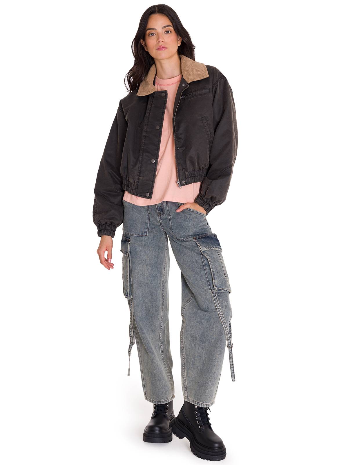 Chaqueta Manga Larga Mujer WAXED TWILL CROPPED BOMBER JACKET Gris Oscura Cat