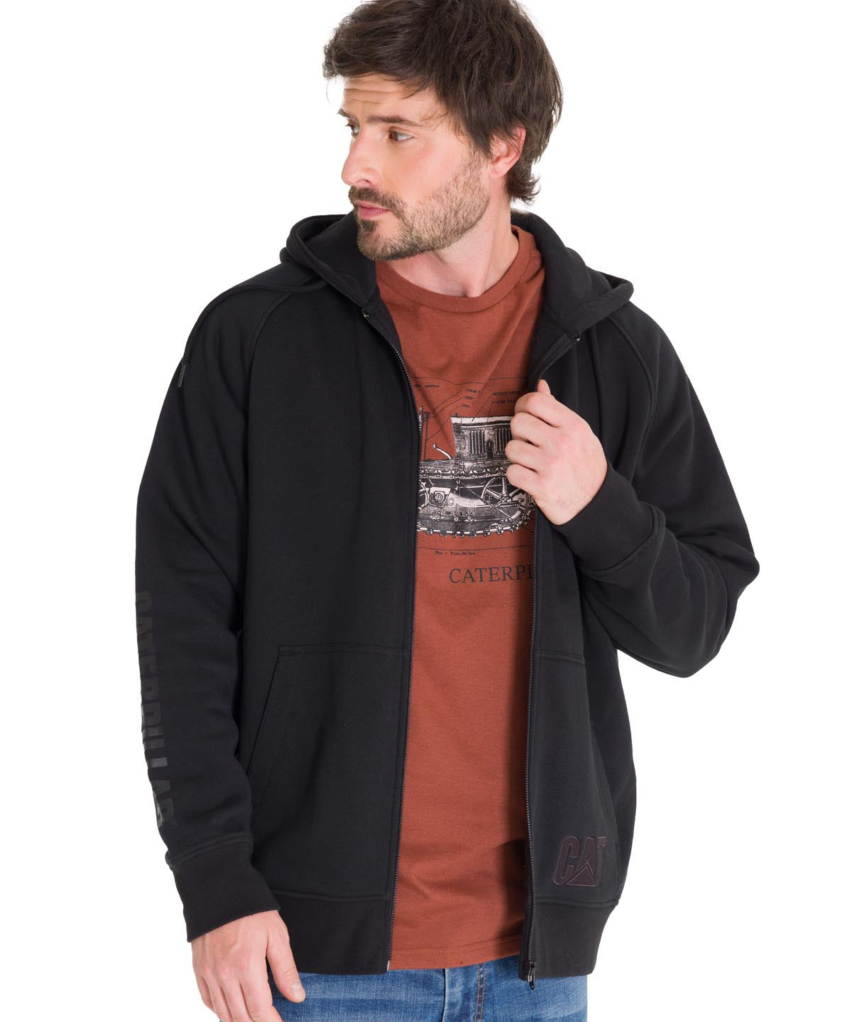 Poleron Casual Hombre Fleece Cat Logo Full Zip Hoodie Negro Cat