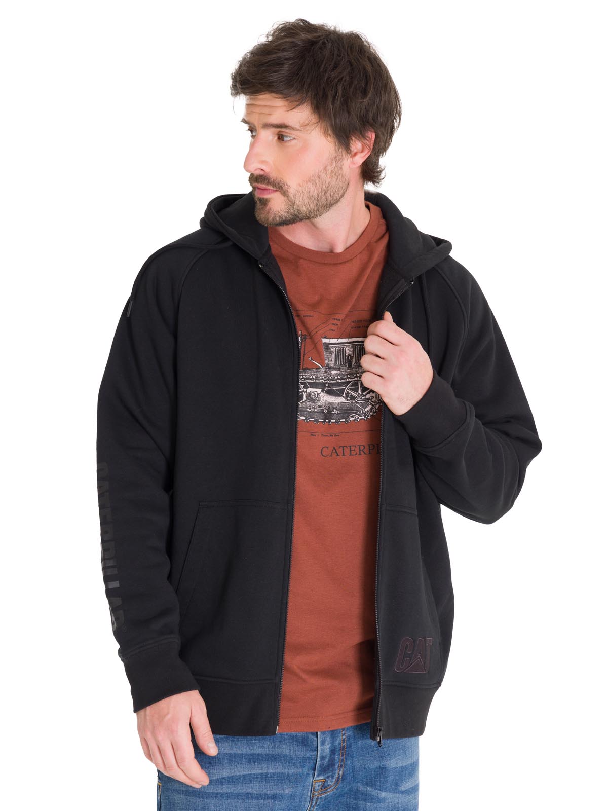 Poleron Casual Hombre Fleece Cat Logo Full Zip Hoodie Negro Cat