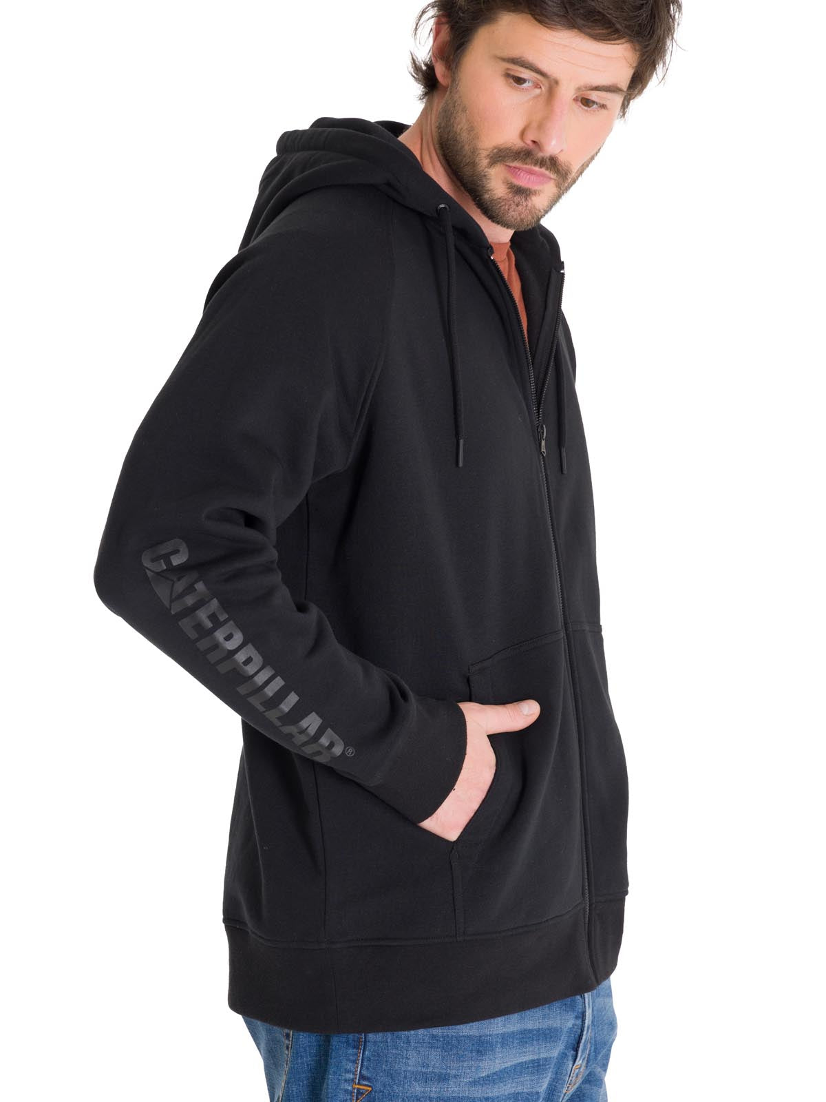 Poleron Casual Hombre Fleece Cat Logo Full Zip Hoodie Negro Cat