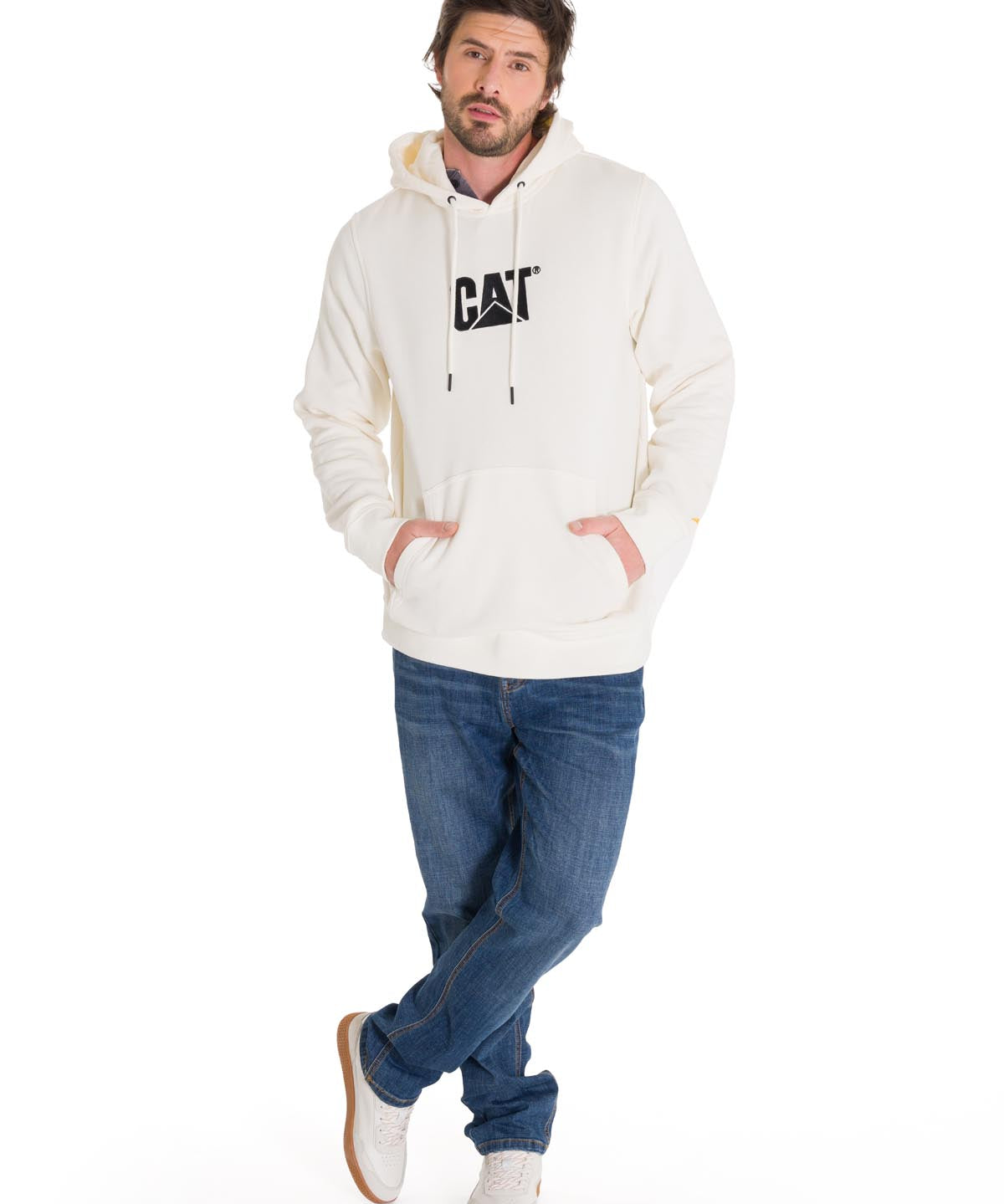 Polerón Manga Larga Unisex Fleece Cat Logo Pullover Hoodie Perla Cat