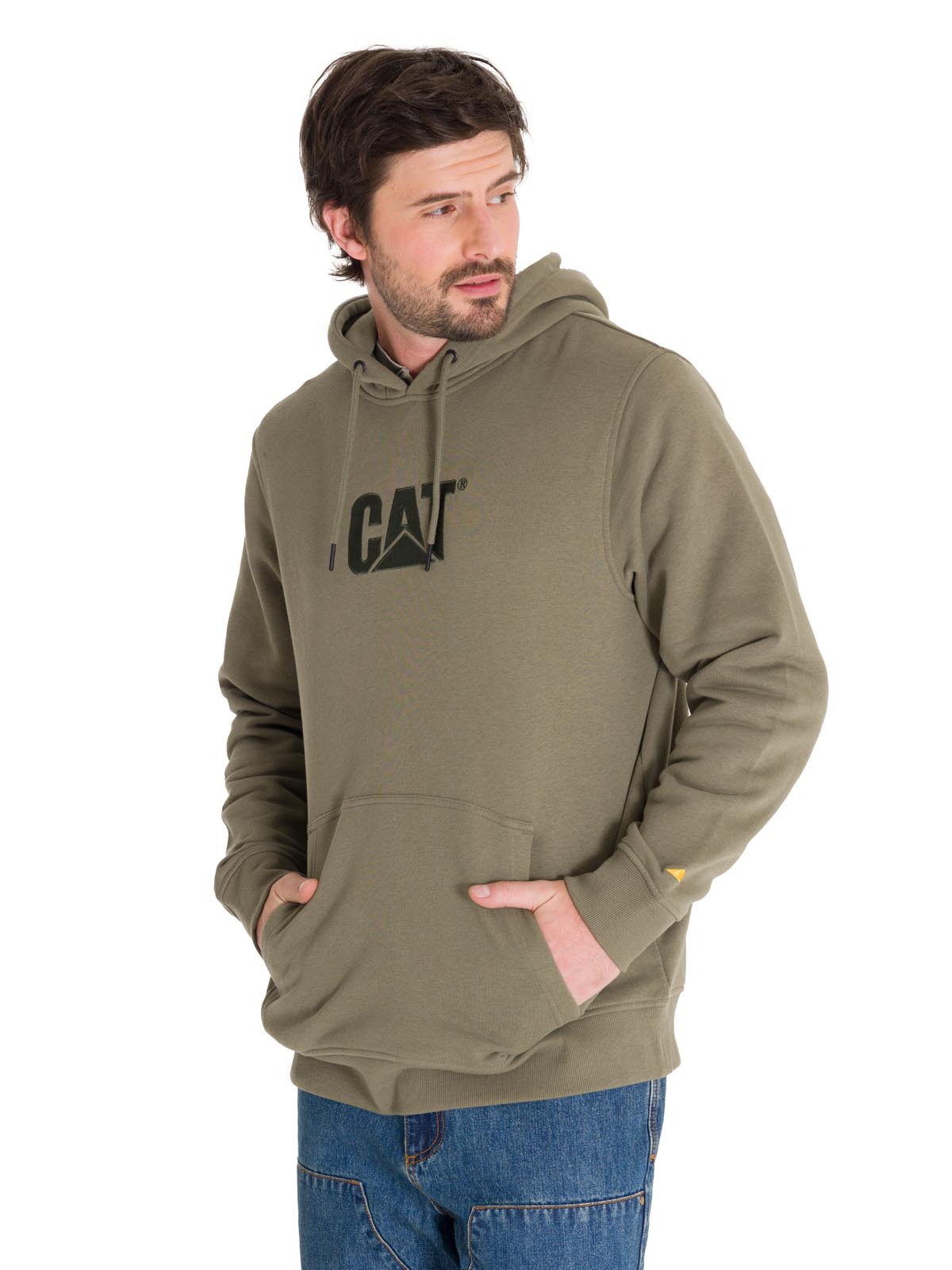 Polerón Manga Larga Hombre Fleece Cat Logo Pullover Hoodie Azul Petróleo Cat