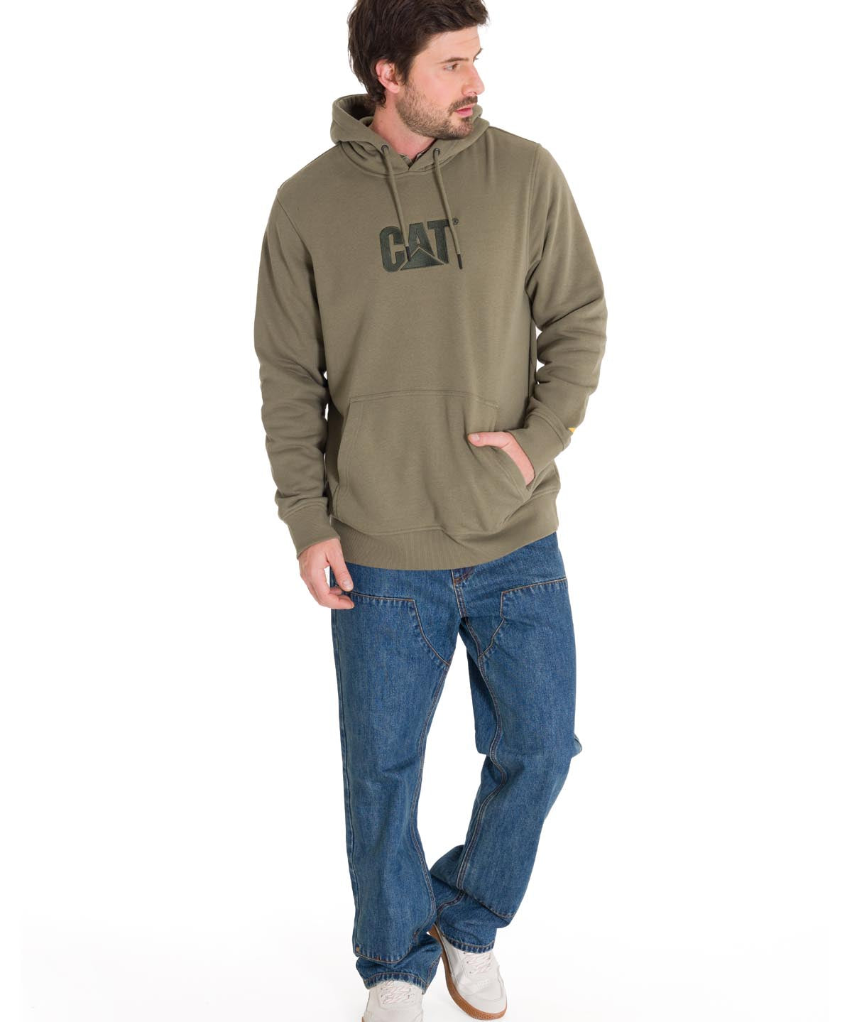 Polerón Manga Larga Hombre Fleece Cat Logo Pullover Hoodie Azul Petróleo Cat