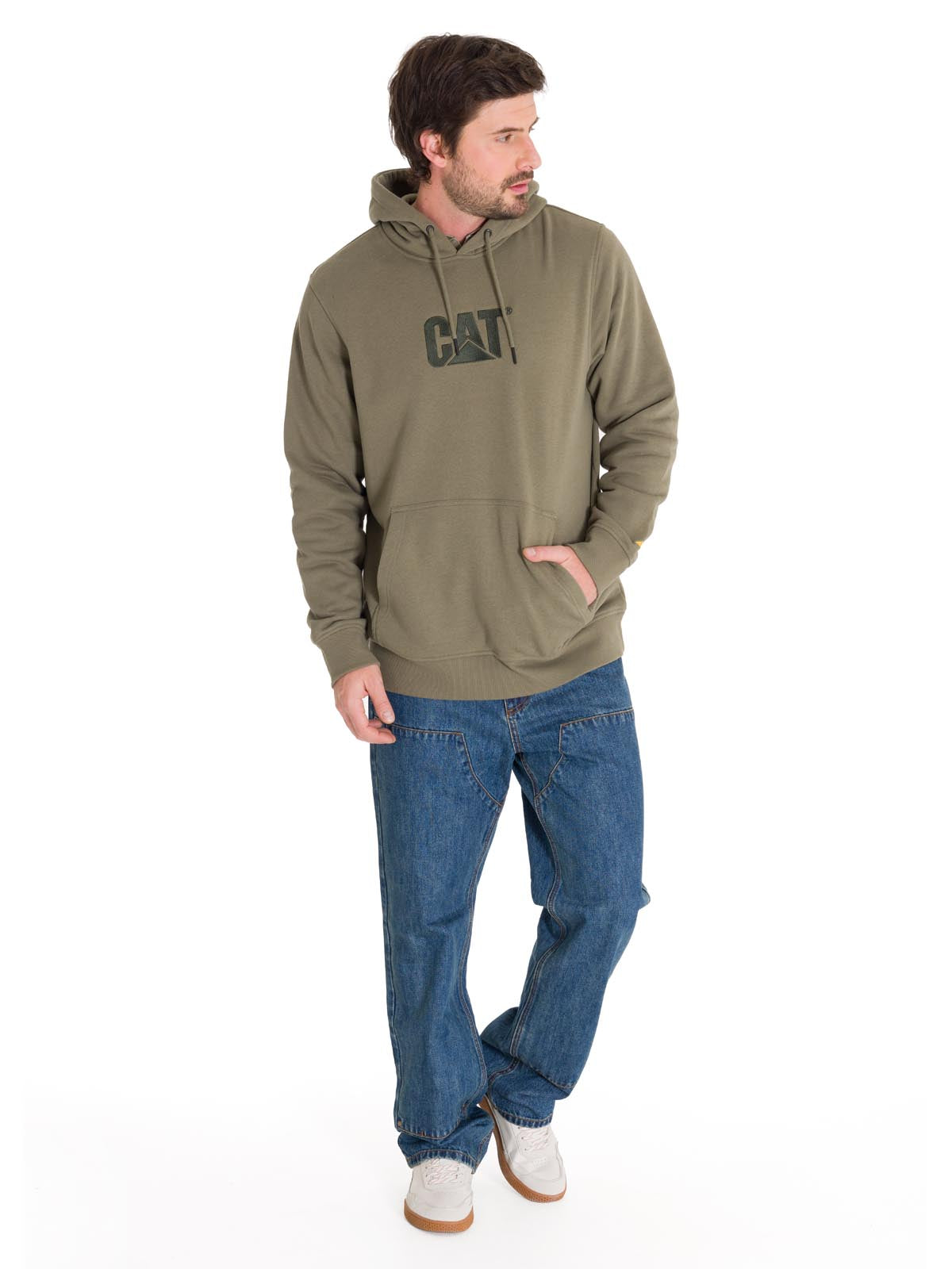 Polerón Manga Larga Hombre Fleece Cat Logo Pullover Hoodie Azul Petróleo Cat