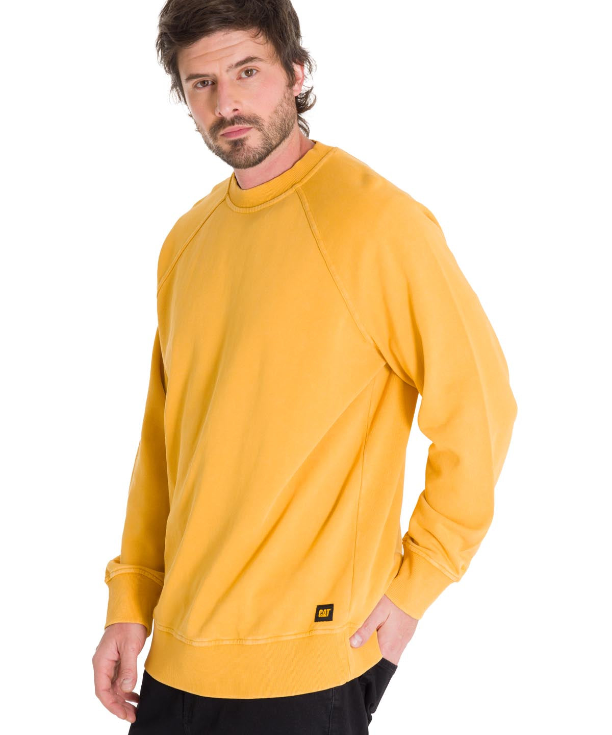Polerón Manga Larga Hombre Premium Wash Crew Neck Amarillo Cat