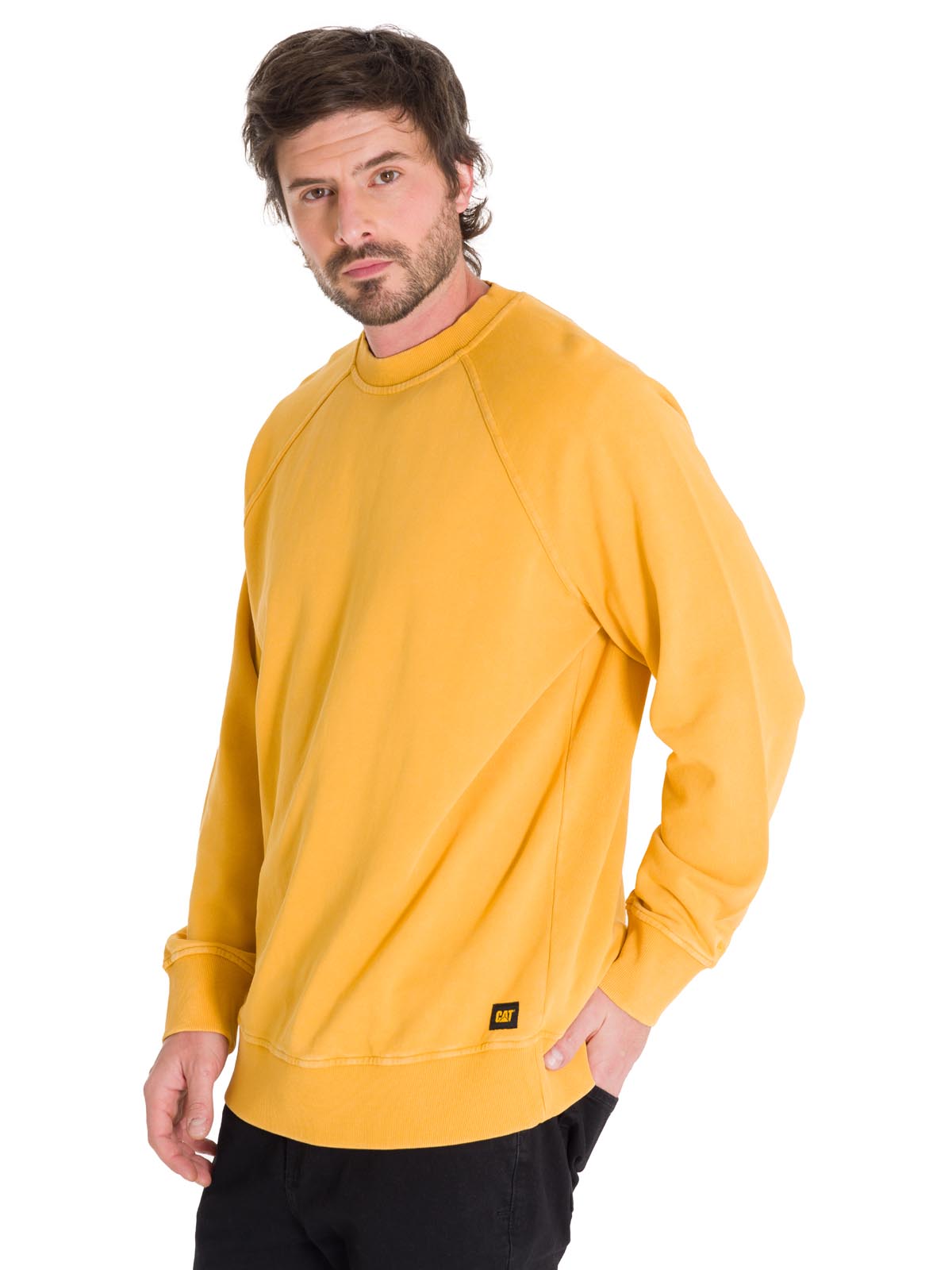 Polerón Manga Larga Hombre Premium Wash Crew Neck Amarillo Cat