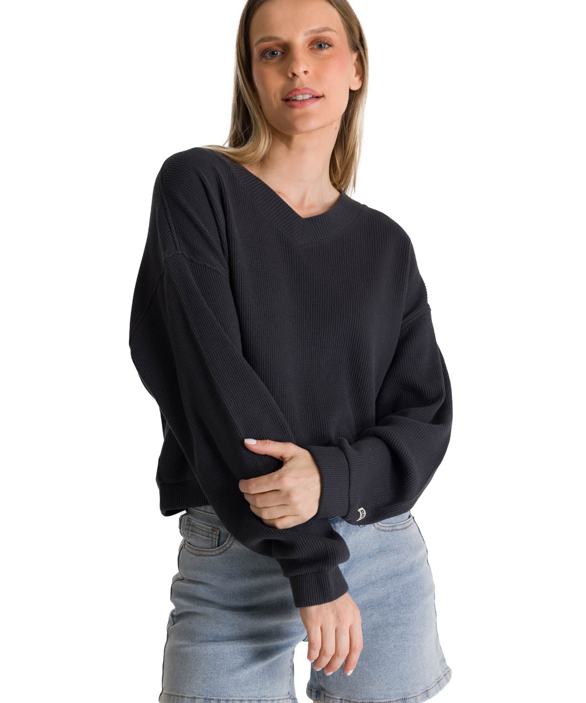 Polerón Cuello en V Mujer Oversize Waffle Grafito CAT