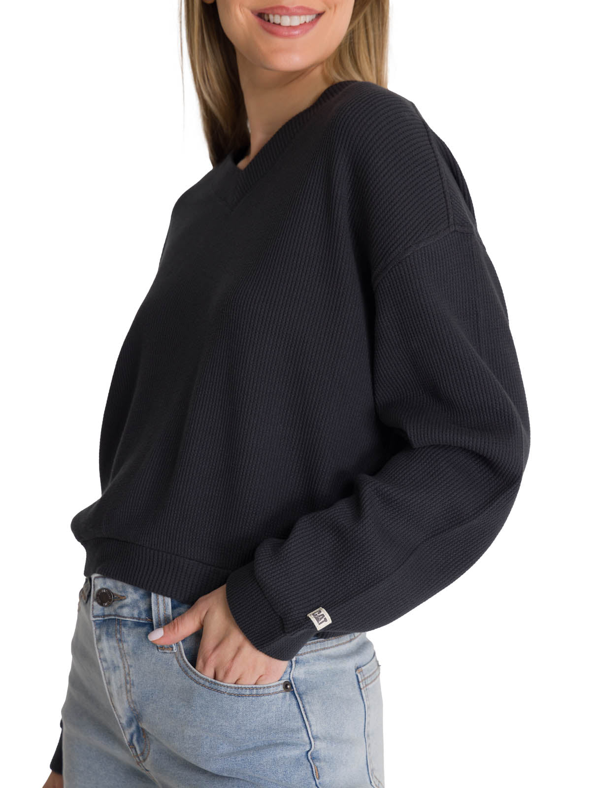 Polerón Cuello en V Mujer Oversize Waffle Grafito CAT