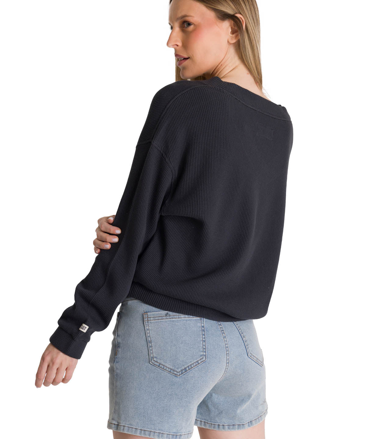 Polerón Cuello en V Mujer Oversize Waffle Grafito CAT