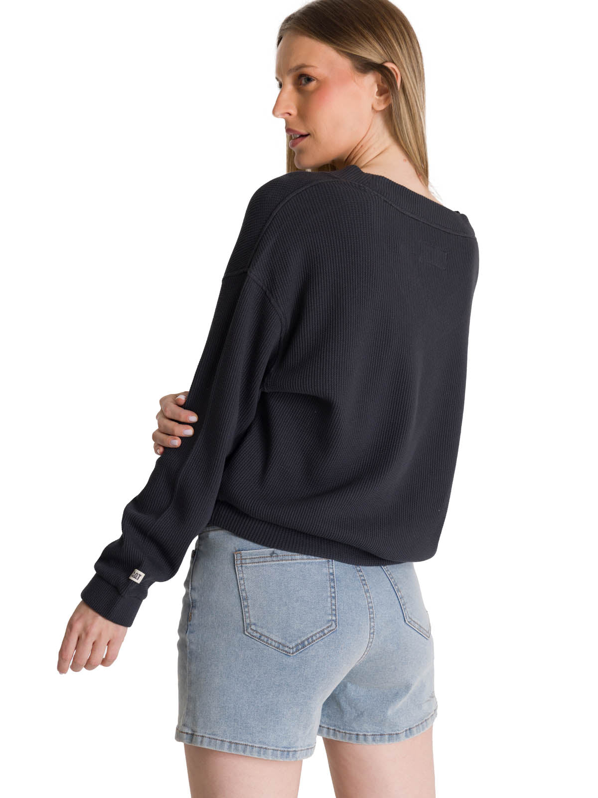 Polerón Cuello en V Mujer Oversize Waffle Grafito CAT