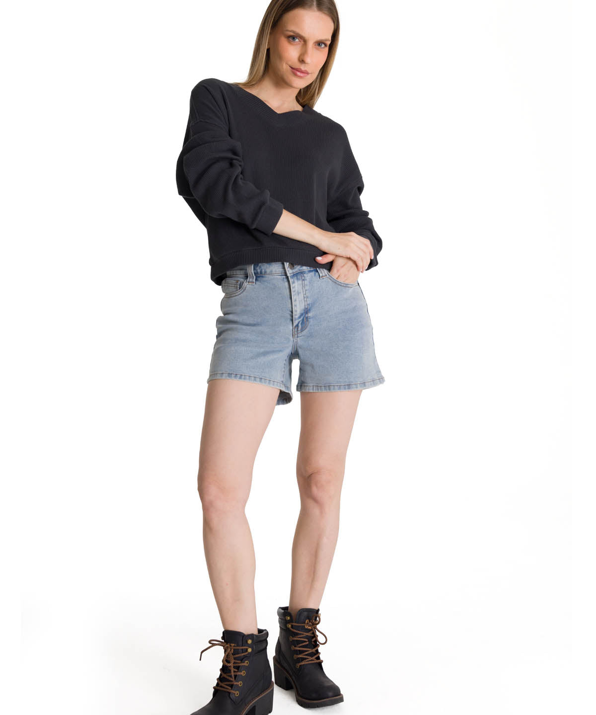 Polerón Cuello en V Mujer Oversize Waffle Grafito CAT