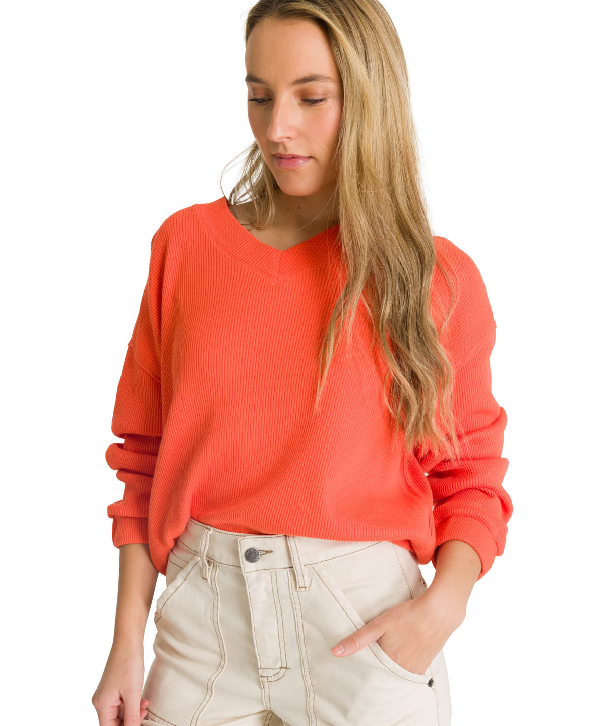 Polerón Cuello en V Mujer Oversize Waffle Salmón CAT