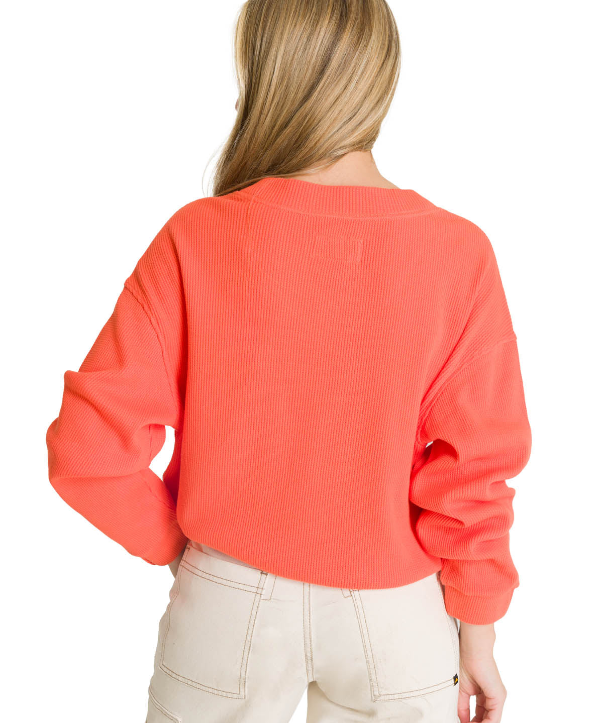 Polerón Cuello en V Mujer Oversize Waffle Salmón CAT