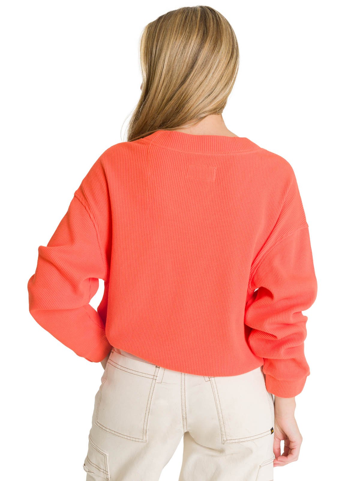 Polerón Cuello en V Mujer Oversize Waffle Salmón CAT