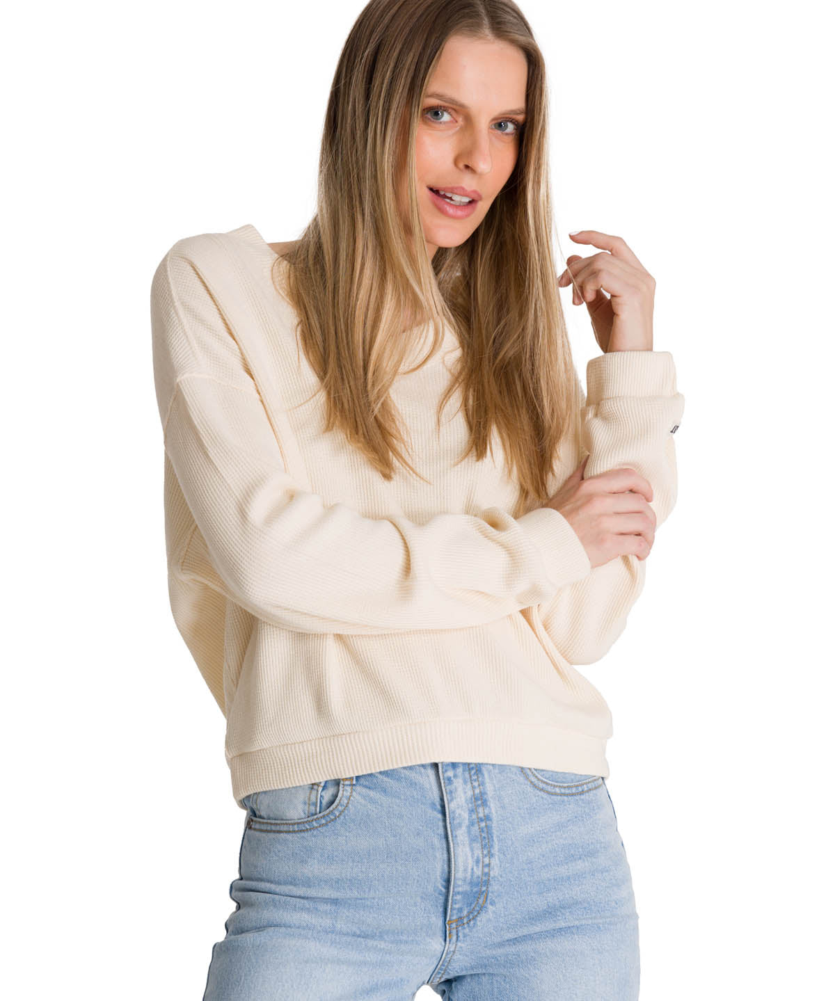 Polerón Cuello en V Mujer Oversize Waffle Blanco CAT