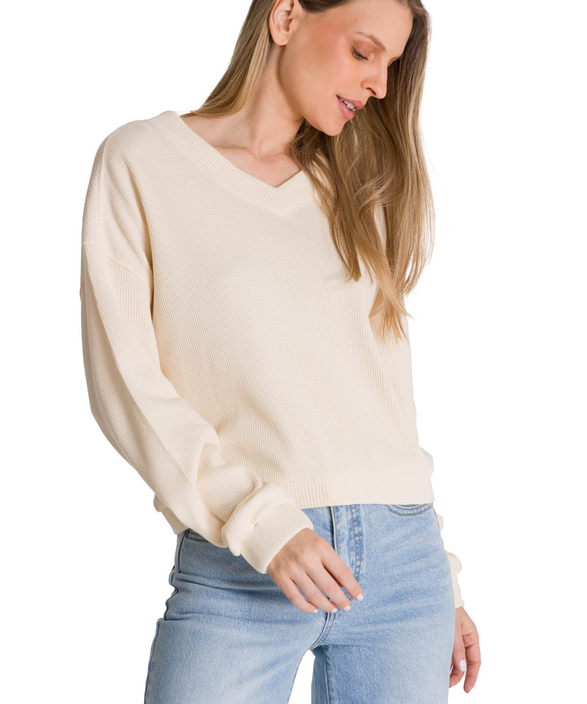 Polerón Cuello en V Mujer Oversize Waffle Blanco CAT