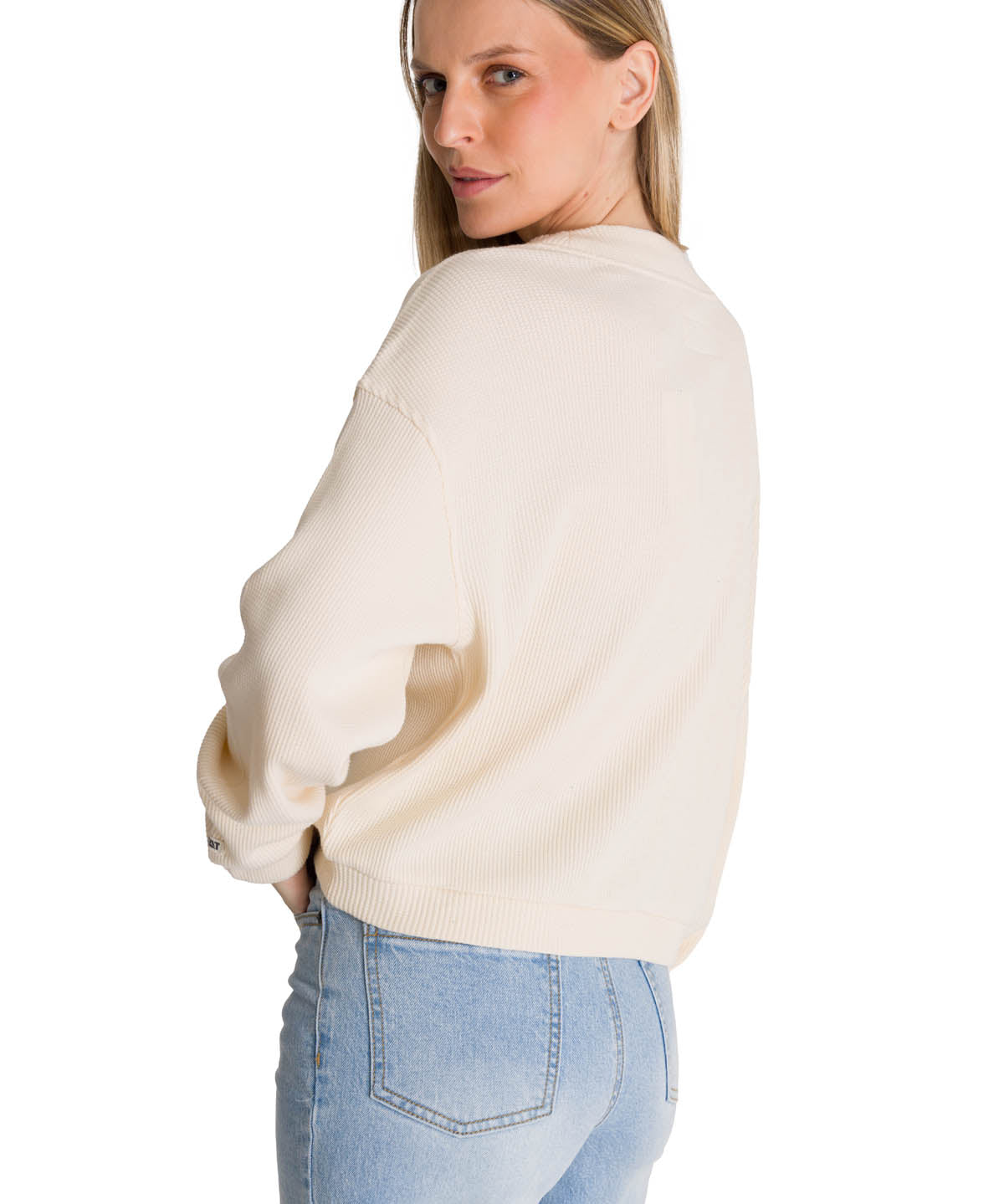 Polerón Cuello en V Mujer Oversize Waffle Blanco CAT