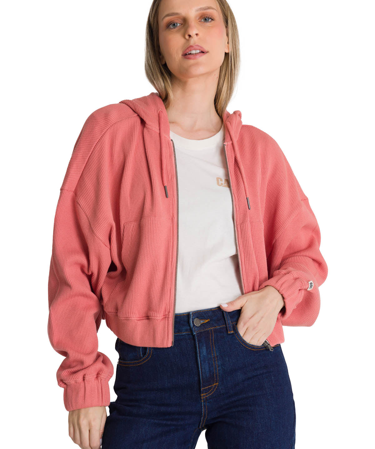 Polerón Con Gorro Mujer Waffle-Knit Salmón CAT