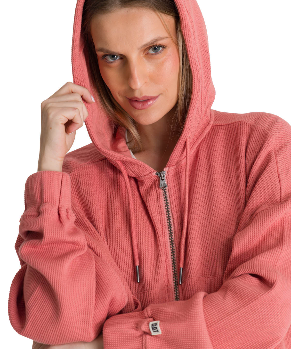 Polerón Con Gorro Mujer Waffle-Knit Salmón CAT