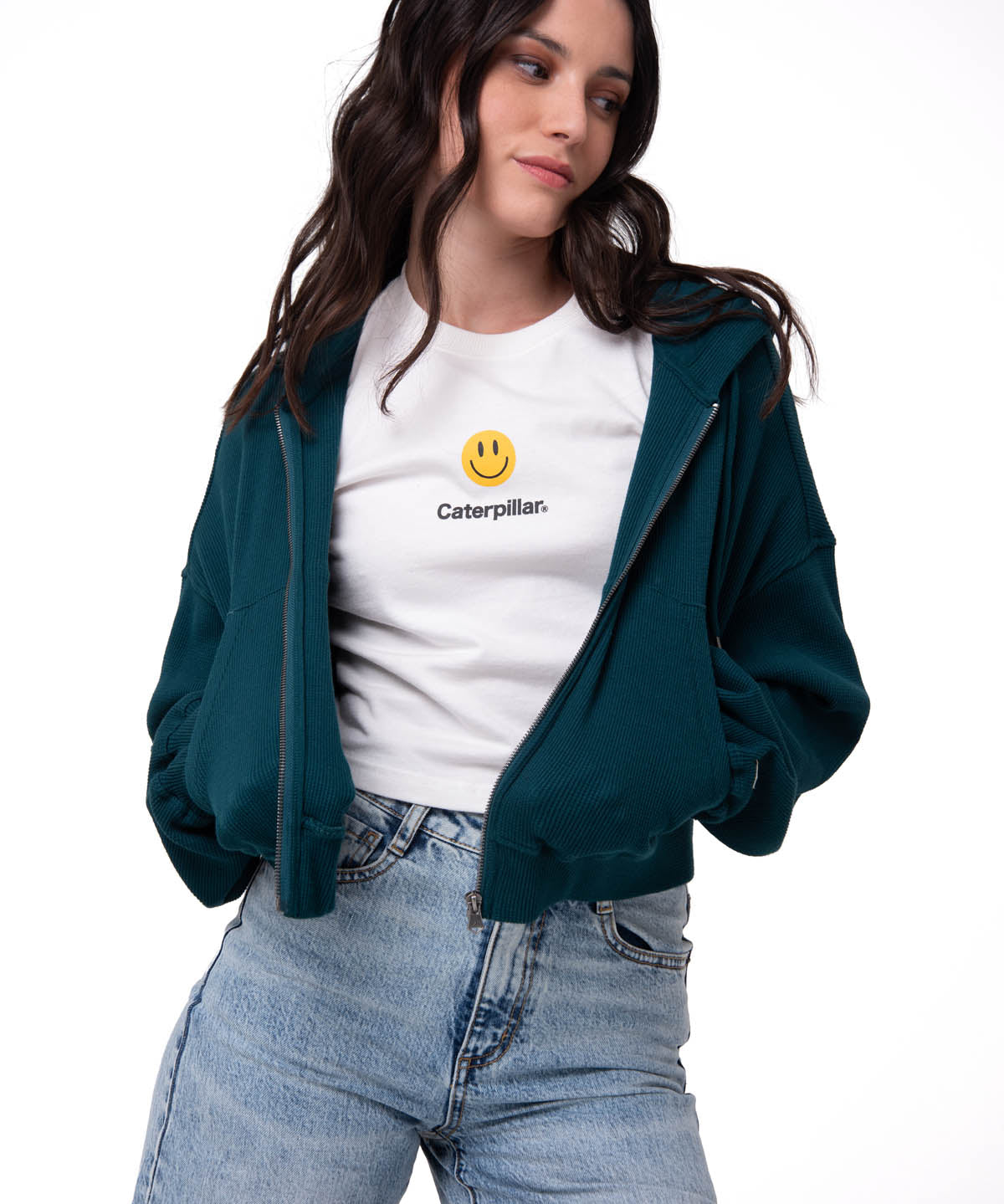 Polerón Con Gorro Mujer Waffle-Knit Cropped Verde Oscuro Cat