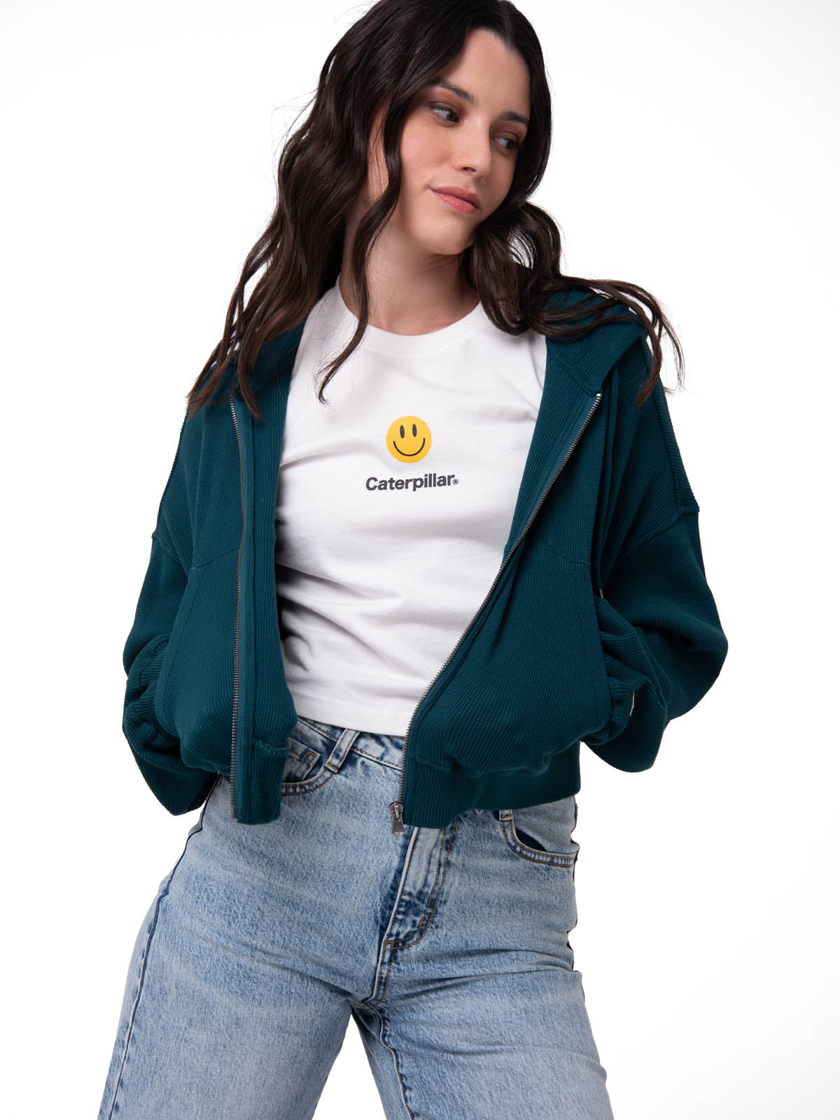 Polerón Con Gorro Mujer Waffle-Knit Cropped Verde Oscuro Cat