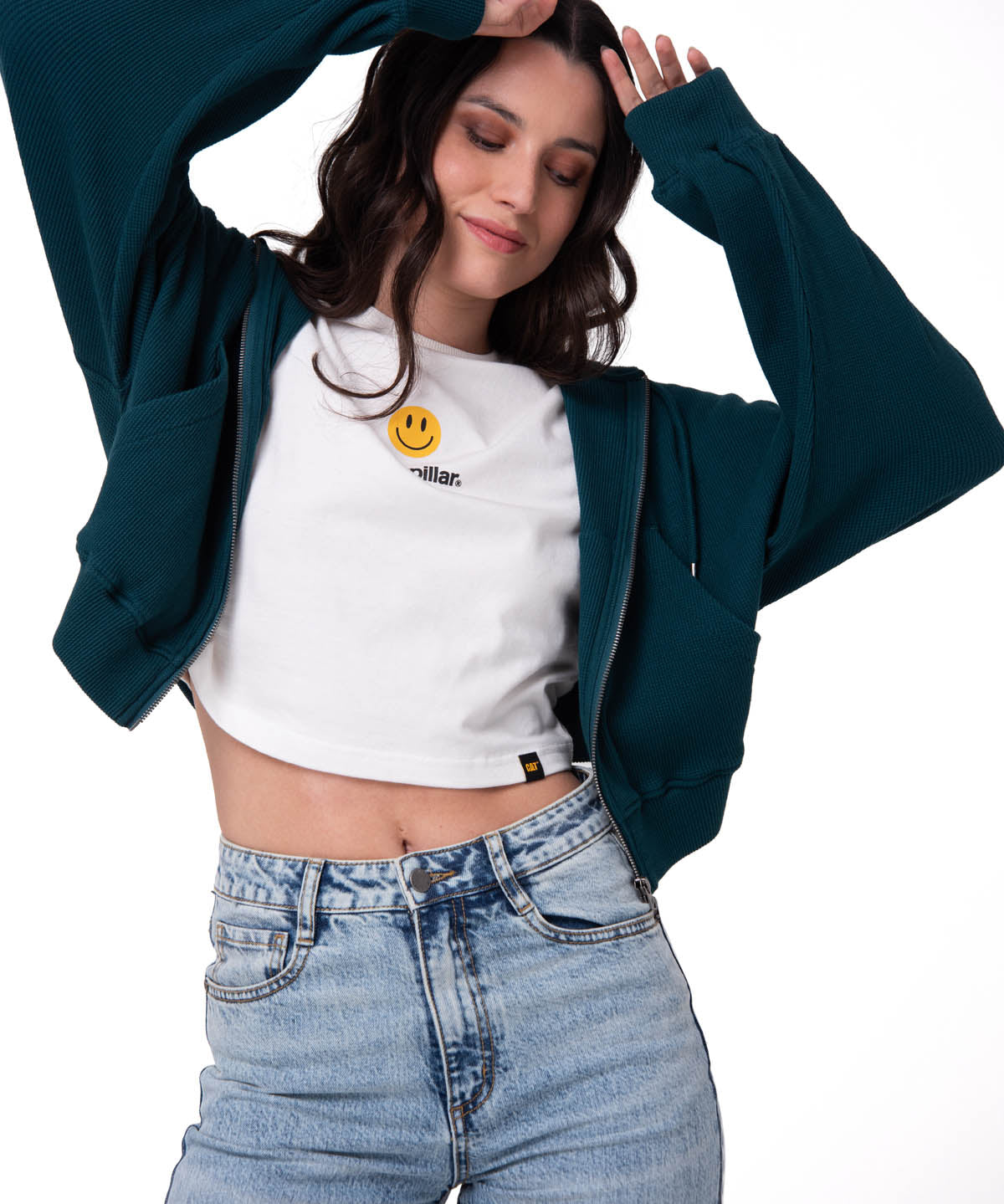 Polerón Con Gorro Mujer Waffle-Knit Cropped Verde Oscuro Cat