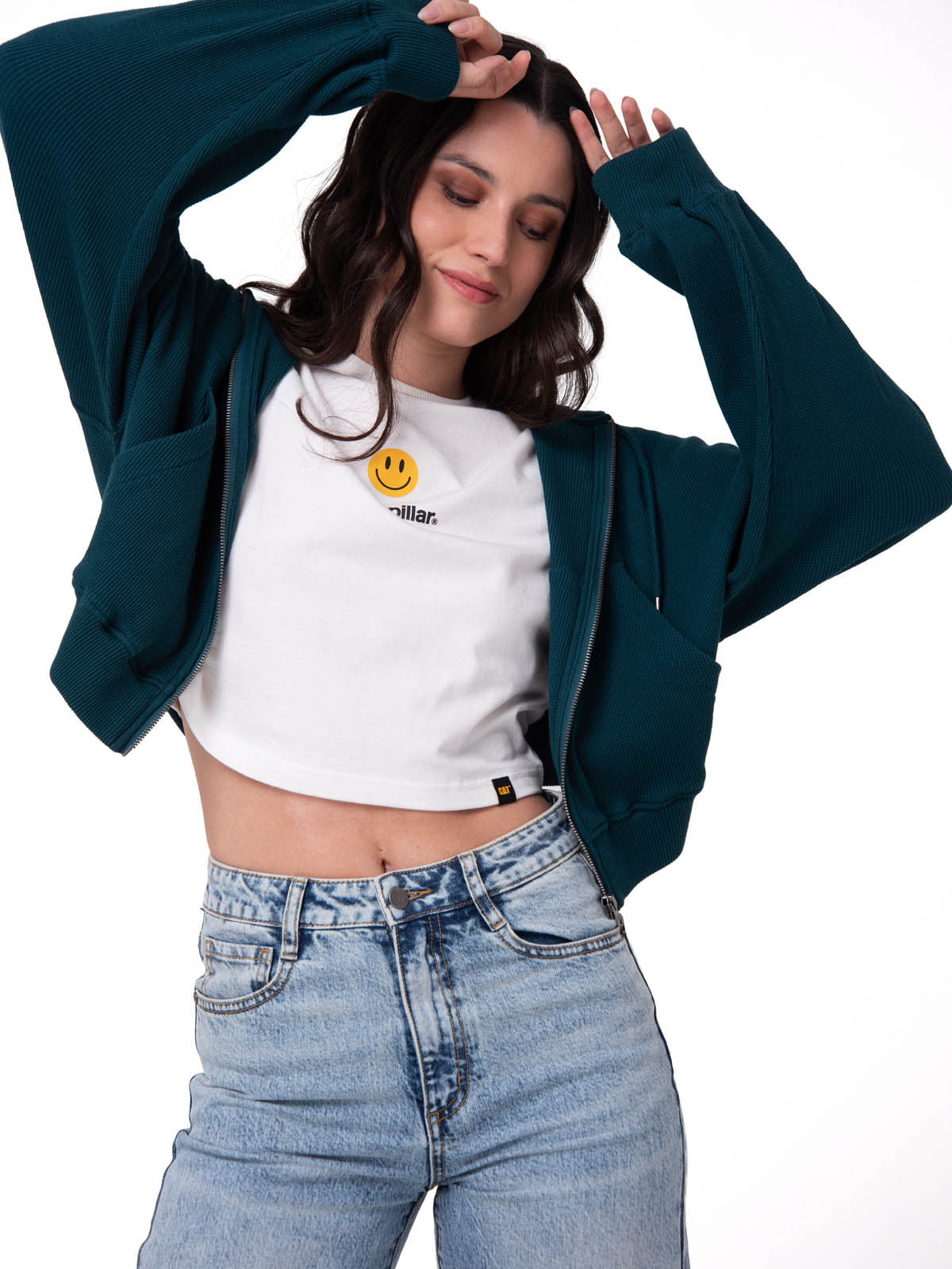 Polerón Con Gorro Mujer Waffle-Knit Cropped Verde Oscuro Cat