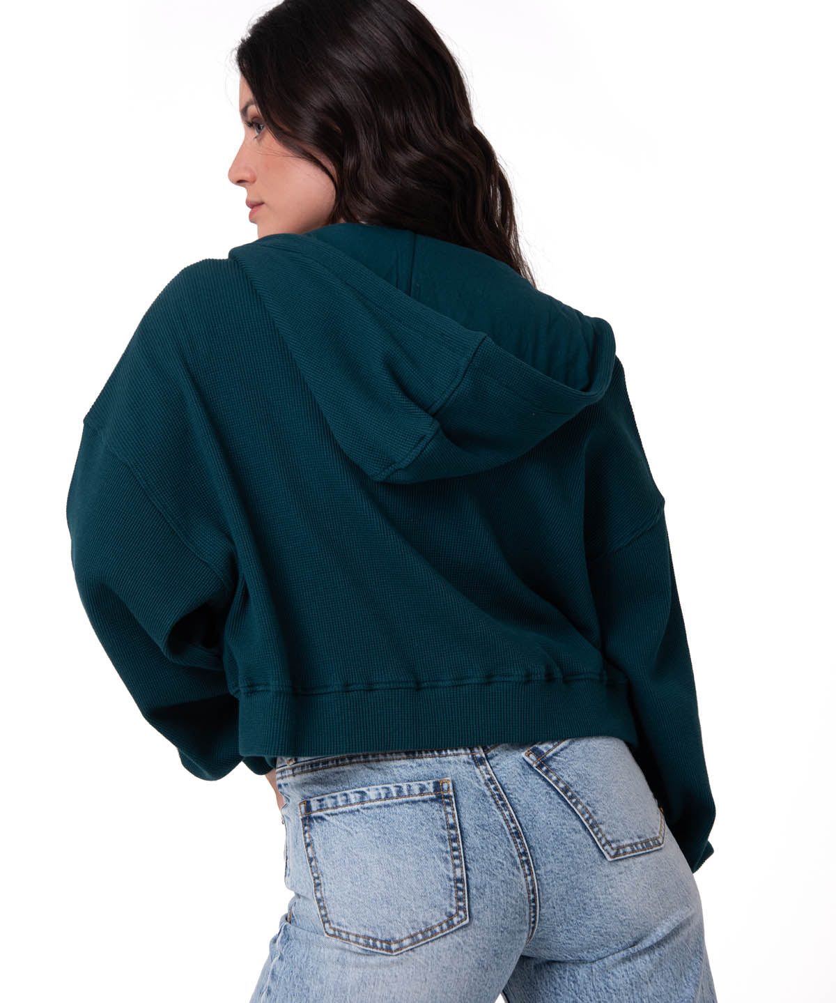 Polerón Con Gorro Mujer Waffle-Knit Cropped Verde Oscuro Cat