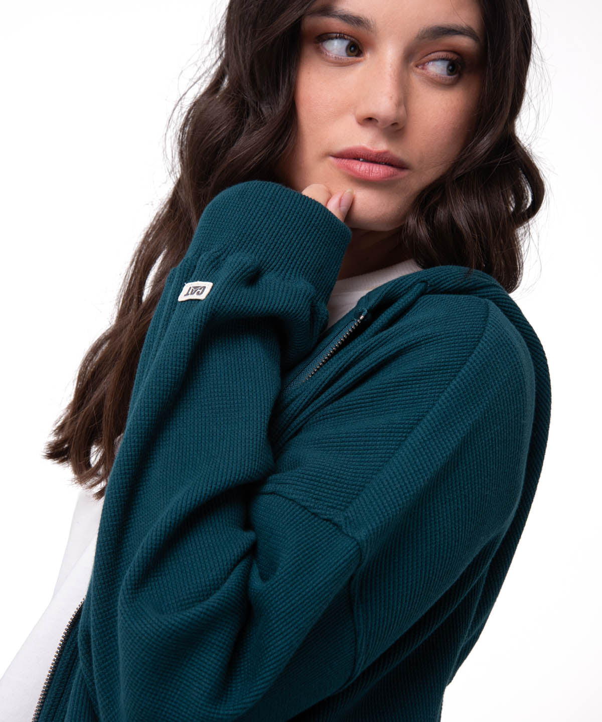 Polerón Con Gorro Mujer Waffle-Knit Cropped Verde Oscuro Cat