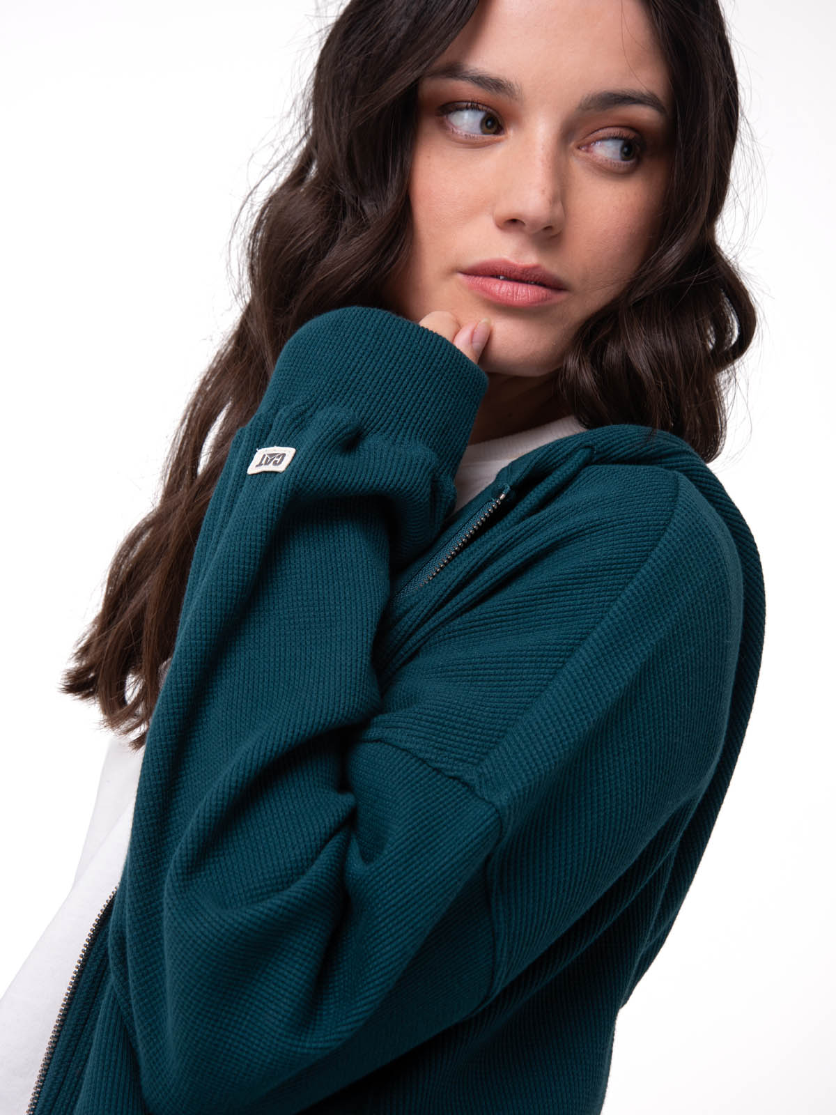 Polerón Con Gorro Mujer Waffle-Knit Cropped Verde Oscuro Cat