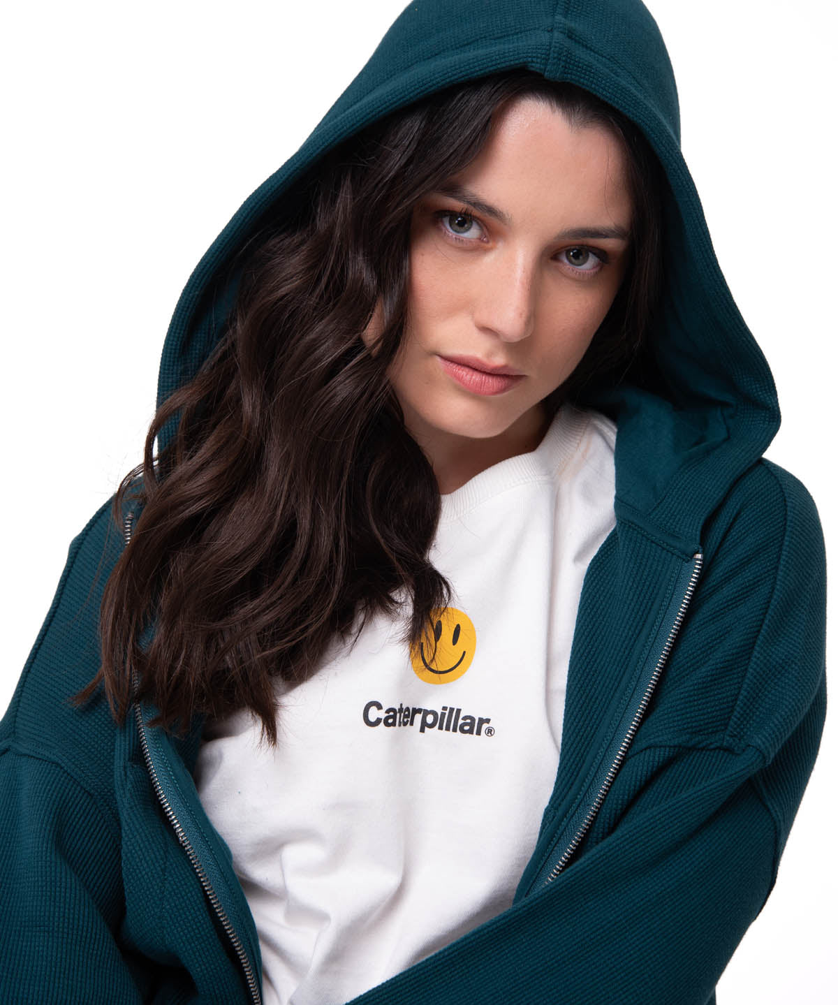 Polerón Con Gorro Mujer Waffle-Knit Cropped Verde Oscuro Cat