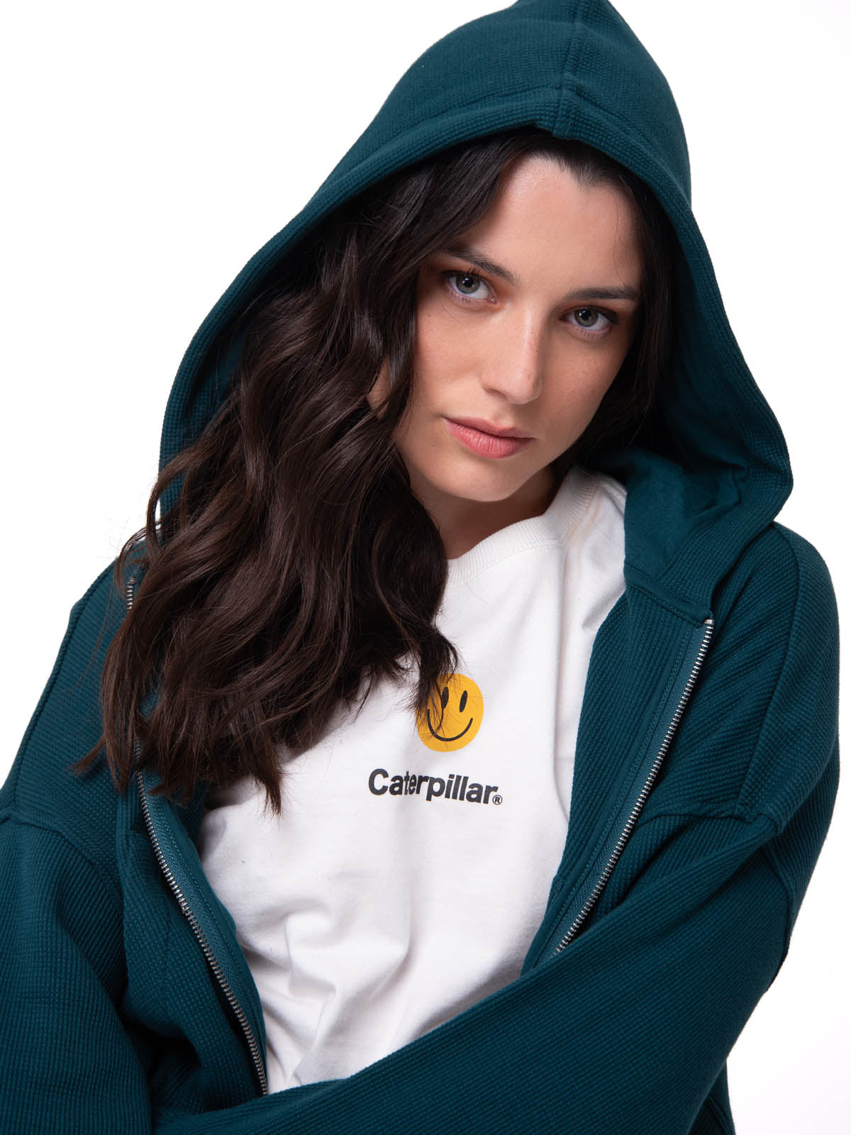 Polerón Con Gorro Mujer Waffle-Knit Cropped Verde Oscuro Cat