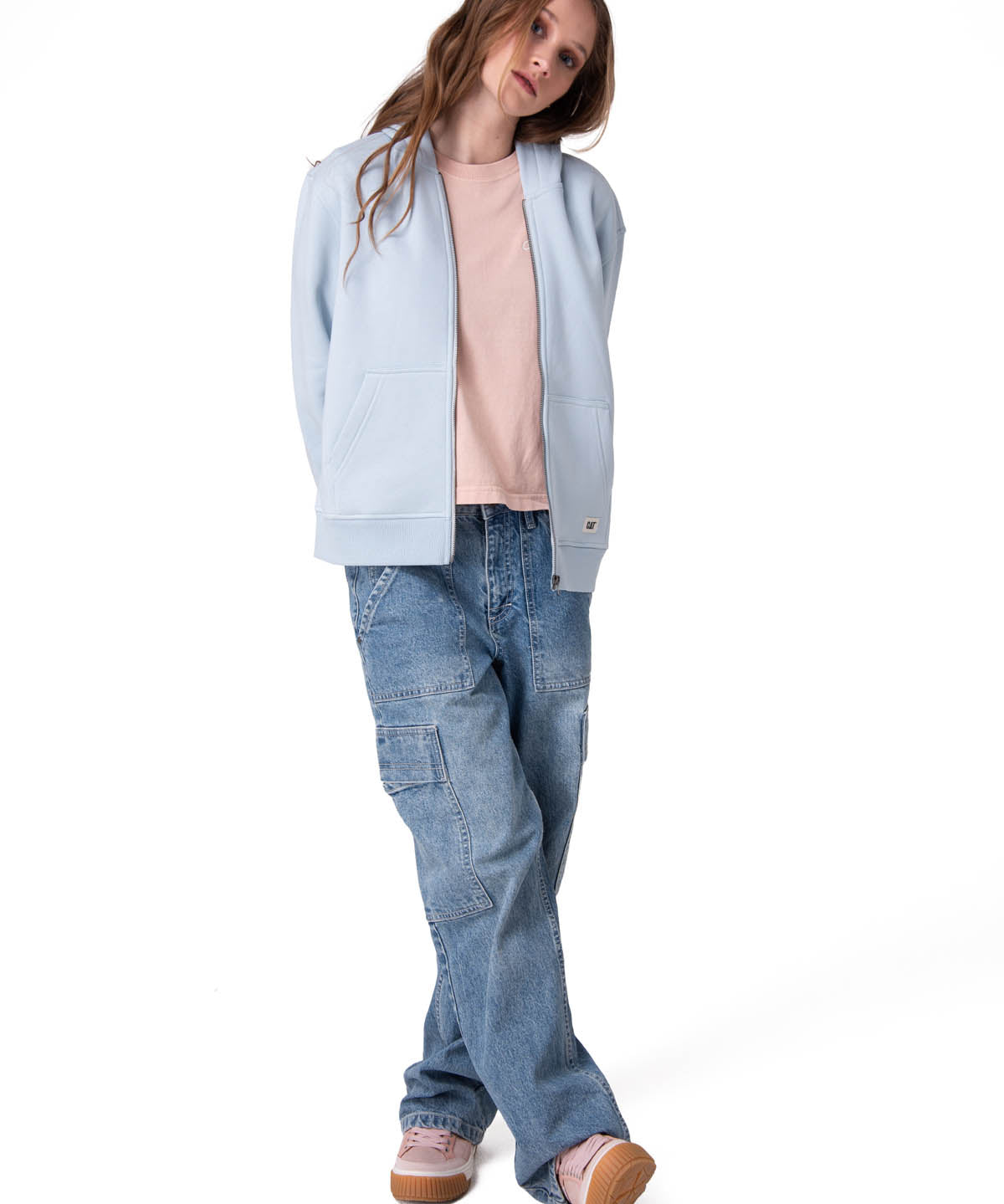 Poleron Mujer W Cat Patch Full Zip Celeste