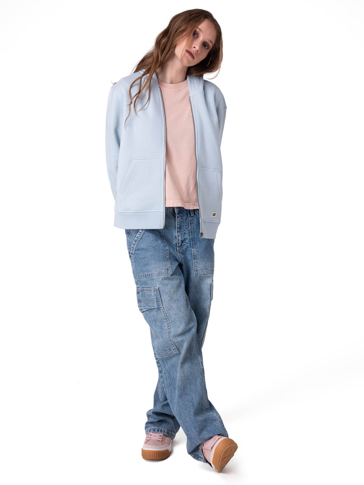Poleron Mujer W Cat Patch Full Zip Celeste