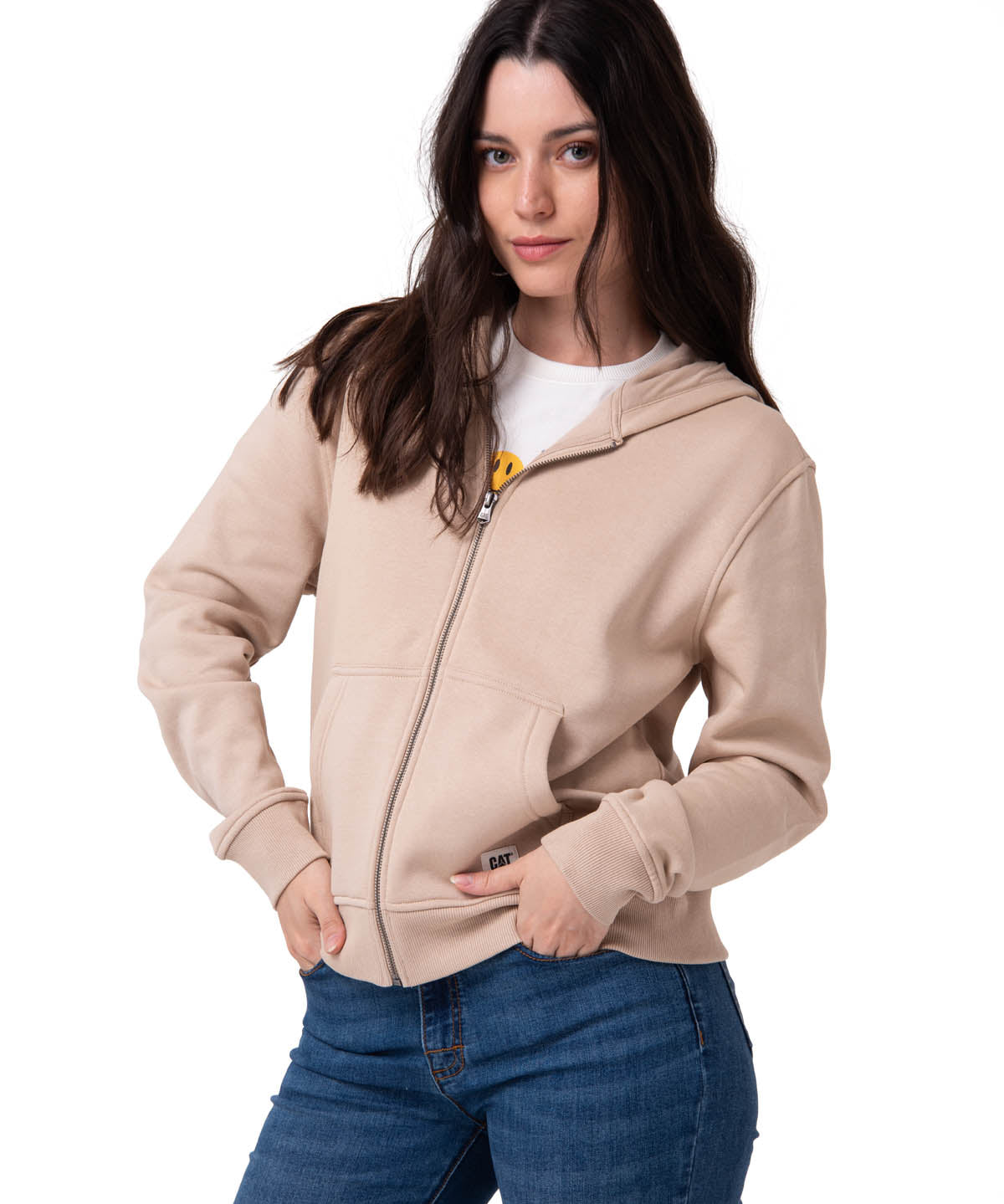 Polerón Con Gorro Mujer Patch Full Zip Beige Cat