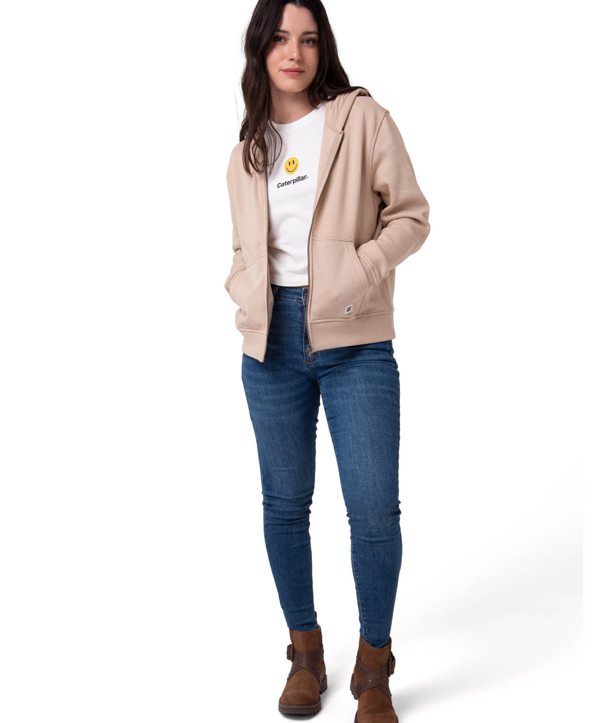 Polerón Con Gorro Mujer Patch Full Zip Beige Cat