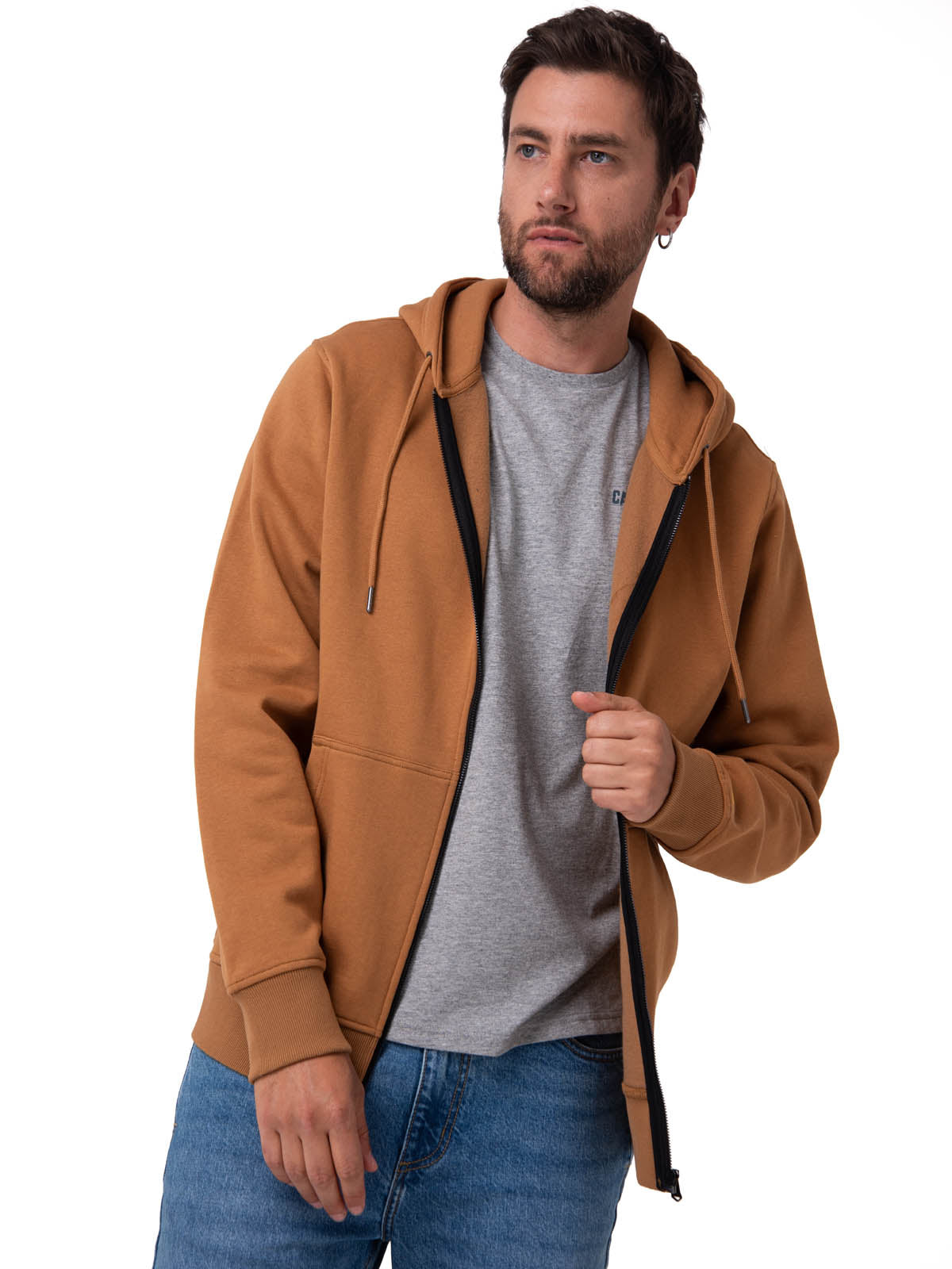 Polerón Con Gorro Hombre CAT Patch Full Zip Café Cat