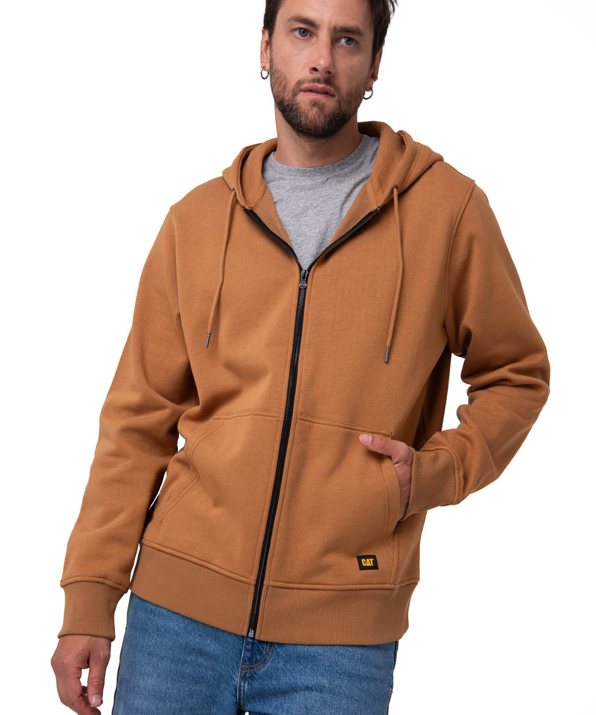 Polerón Con Gorro Hombre CAT Patch Full Zip Café Cat